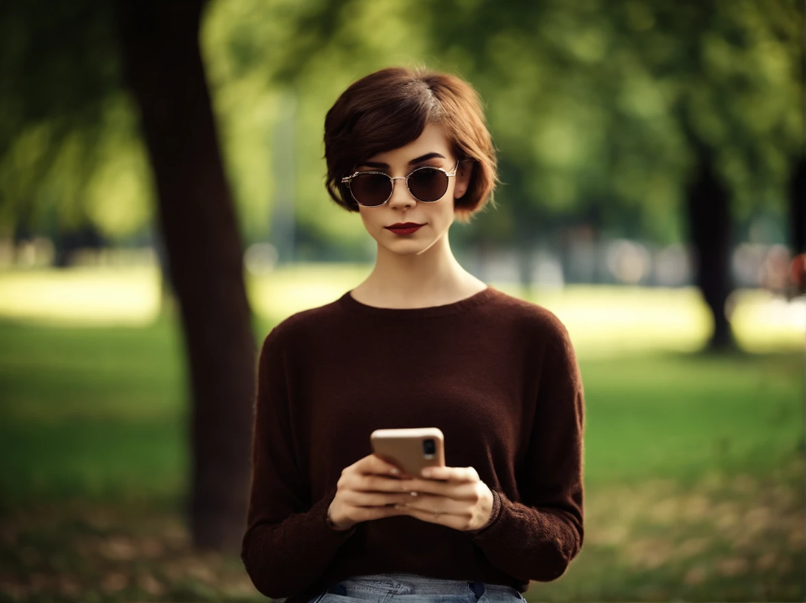 2 подросткa, Brown and short hair, Emo style in clothing, Phone in the right hand, Lace with beans in the left hand, Has glasses, in park