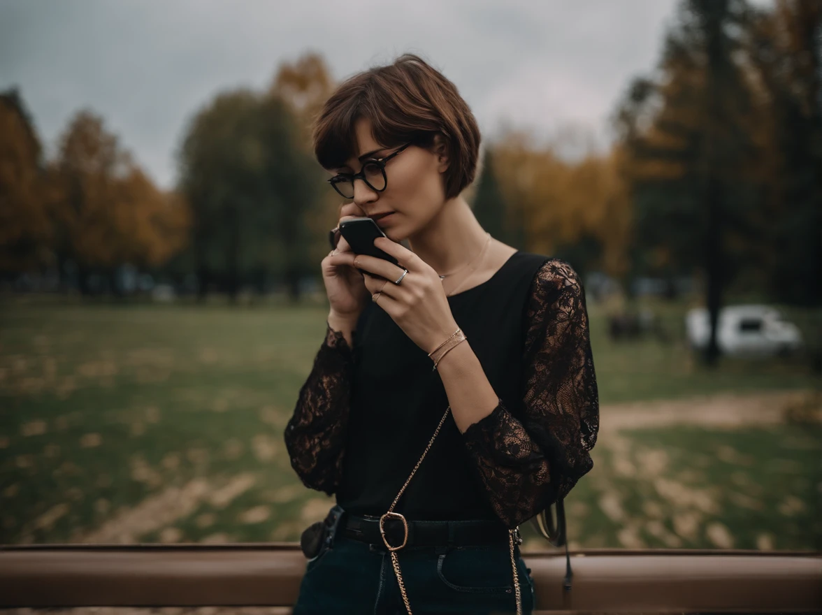 2 подросткa, Brown and short hair, Emo style in clothing, Phone in the right hand, Lace with beans in the left hand, Has glasses, in park