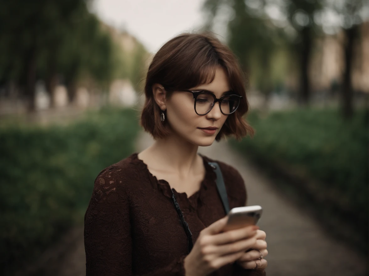 2 подросткa, Brown and short hair, Emo style in clothing, Phone in the right hand, Lace with beans in the left hand, Has glasses, in park