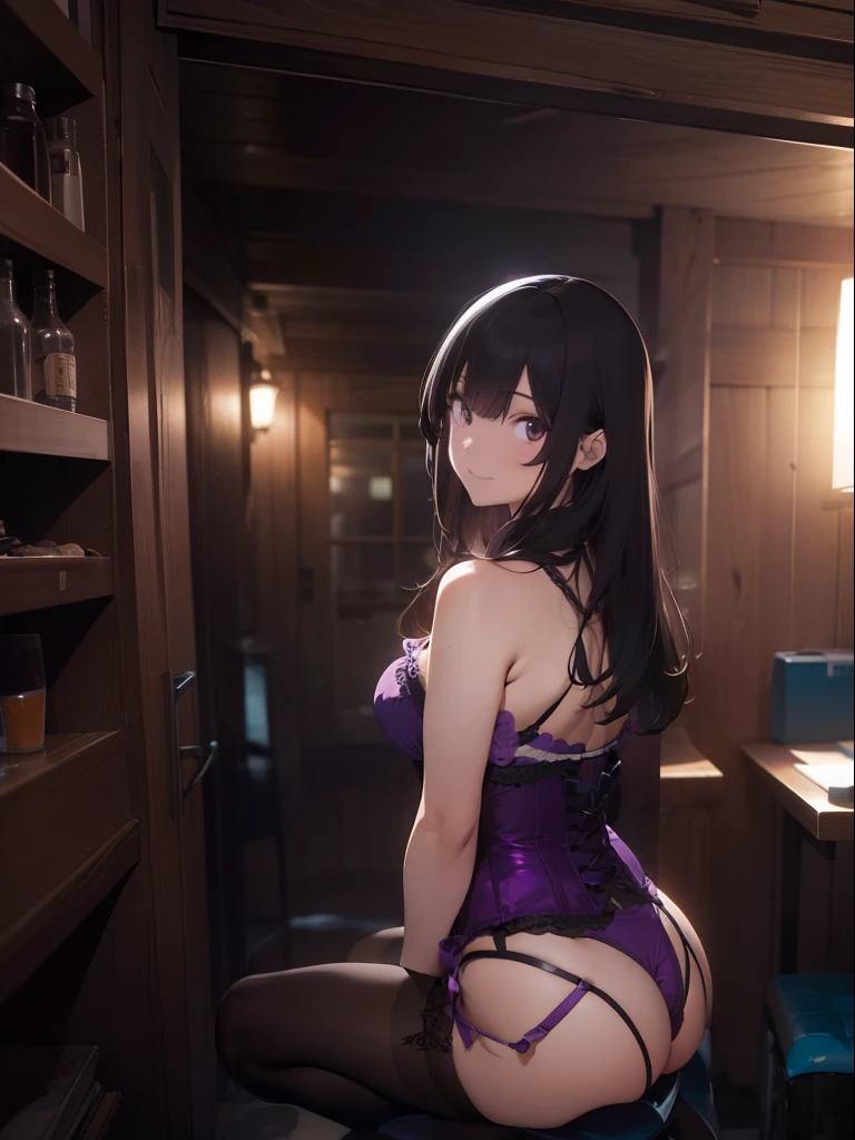 ultra-quality, ultla highres, Hyper Detailed, High contrast, Ultrafine Strike, creative refinement,A dark-haired, ssmile,Purple corset,purple garter belt, Show Pub