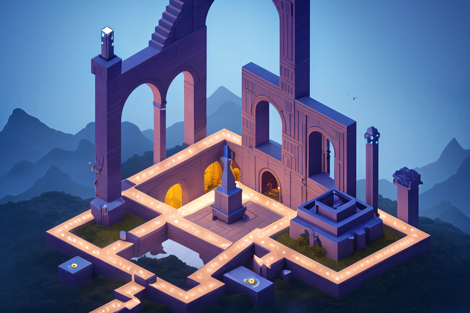 White Crow Princess searches for missing ancient crow AI in Monument Valley，Monument Valley is a futuristic castle in the medieval style，There are a lot of stairs and mechanisms inside，Intricate staircase，Sparkling treasure，A castle built with blocks，Pink space，Dreamy colors，absurderes，It's ridiculous，ultra-realistic realism，tmasterpiece，high qulity，UHD resolution，16k，realisticlying，Very realistic，Epic fairy tale fantasy，Epic futuristic fantasy，Epic surrealism，Monument Valley style, isometric game art, detailed game art illustration, Isometric art, isometric 2 d game art, Neon ancient ruins, incredible isometric screenshot, Art Station Geometry, Detailed game art, isometric voxel art, beeple daily art, 4K detailed digital art