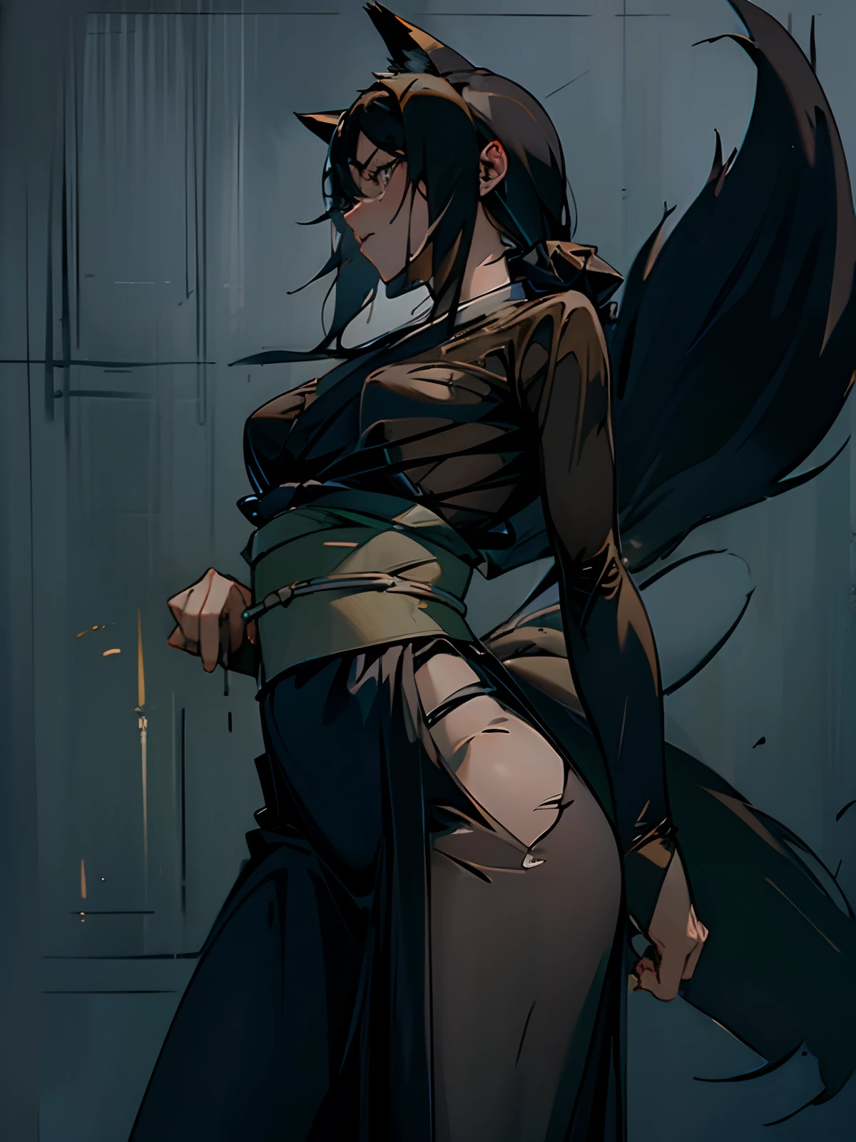 ((masterpiece)),((high resolution)),((best quality)),extremely fine and beautiful, super fine illustration, beautiful detailed girl, huge supple breasts, front view, facing at viewer, black hair, (Enraged :1.1), (obi:1.5), (see-through:1.4), covered , (covered spread legs:0.9), hair covering breasts, dark hair, long hair, fox ears, blue eyes, profile, modest black kimono, back, (((dark voluminous fox tail))), large breasts, handcuffs, embarrassed, scared, breasts focus, movie lighting, perfect shadow,(((prison))), realistic lighting shaded, book cover