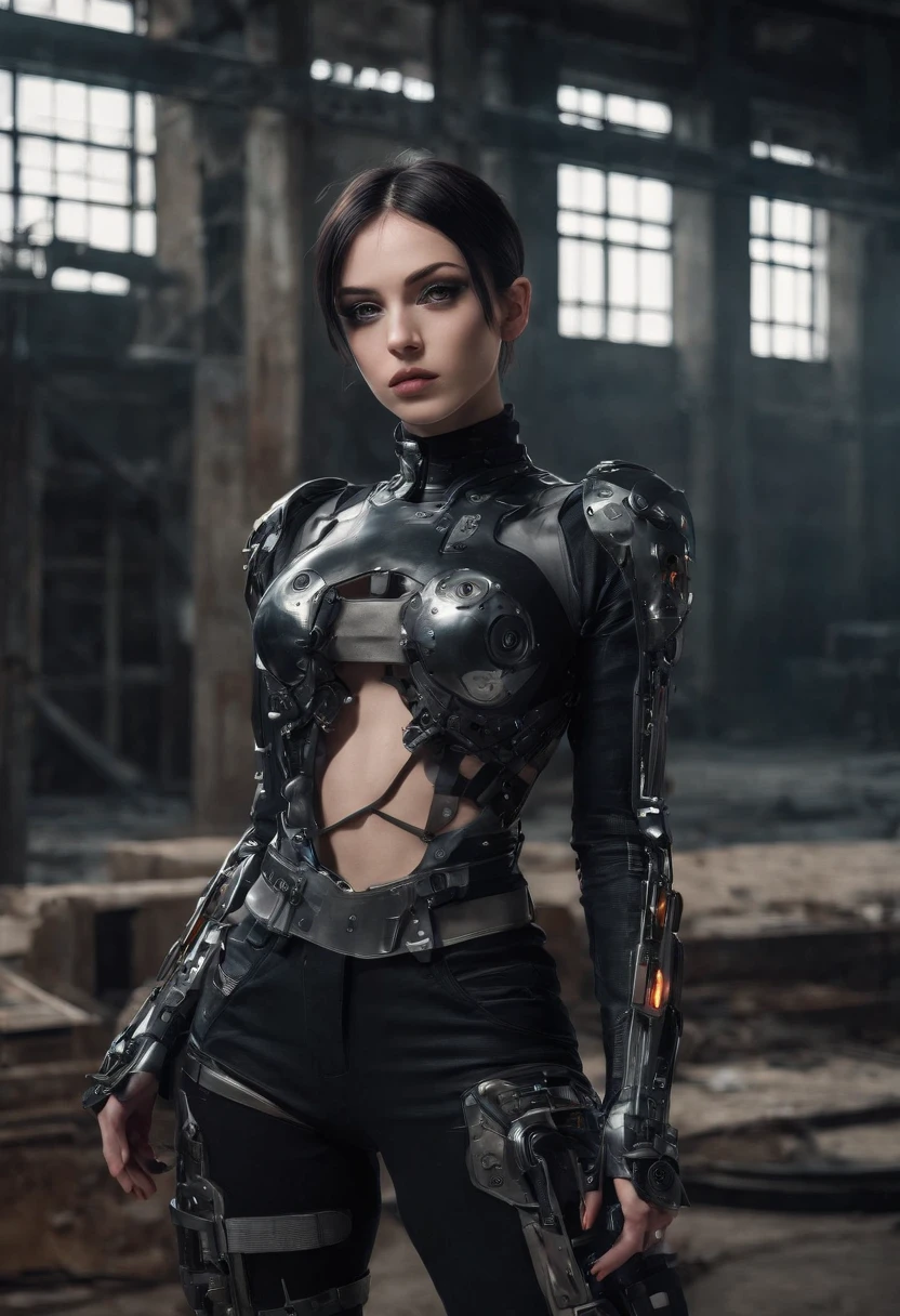 cyborg woman posing for a photo in the inside of an abandoned factory, cyberpunk aesthetic, cyborg woman, dark techno aesthetic, industrial goth aesthetic, intern of an abandoned factory in the background, ultra detailed, photorealistic, masterpiece.