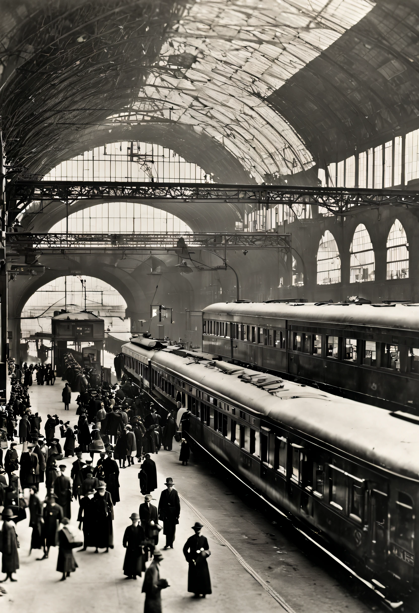 A bustling train station in 1922 Italy, with a sleek and modern train standing ready to depart.