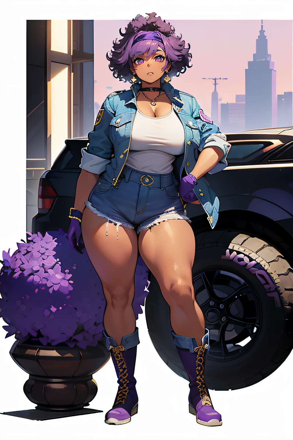 Masterpiece, best quality, Masterpiece, best quality, 1 woman, black skin , purple short hair , purple hair. , sly face , smile , naked , jeans jacket , big breasts , abdomen , Long legs , Put your hands on your hips. , canvas shoes , full body , gas station , Automotive ,