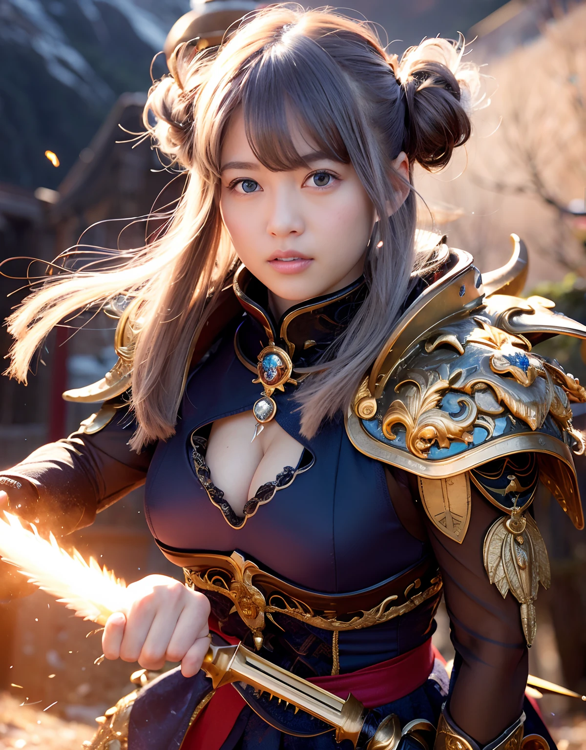 Professional , masterpiece、top-quality、photos realistic , 、top-quality、超A high resolution、(Photorealsitic:1.4)、Raw photo、depth of fields (Gemstone Gold Metal Body:1.9),(Matte White、Toostock、cleavage of the breast、(cleavage of the breast)、(Detailed Dragon Armor)、(Have the strongest weapon)、((Random Hairstyles 1.6),Dark Fantasy,)explosions、intense fighting、(Precipitous cliffs),Dragon Gold Weapon,Mystical expression、Particles of light、Fight dragons、(Detailed Dragon Helmet),Gorgeous Silver Weapons ,(( Dragon's dense and gorgeous sword)) , Beautiful knife ,warhammer 40k ,Detail and gorgeous crown、((Blue hair))、(Castle background)、、((Gangle's forest background))、Beautiful Caucasian beauty、1a person、dynamic ungle,((()))、Smaller head、A smile、Castle background、Thin and beautiful female hands、cleavage of the breast、Soldier in iron armor on background、Mystical expression、Light Effects、intense fighting、Wind-effect、magic circles、With the legendary magic wand、(demonic wings)、Toostock、