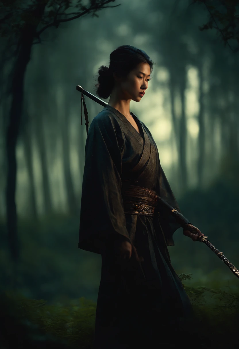 (close up shot:1.5), Japanese samurai warrior, forest glade at night background, (dusk), moonlight, bokeh, (art by jeremy mann and edvard munch), beautiful composition, complimentary colors, masterpiece, award winning, beautiful girl, no brA, no underwear, nude