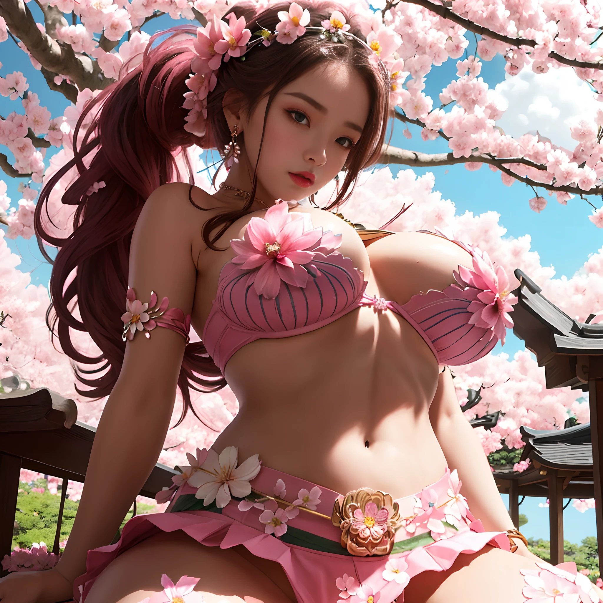 (beautifull lady with very gigantic breast, medium ponytail hair, spread legs near pink sakura tree) ,(detailed strapless flower bra), (detailed flower skirt), (flower earring), (flower crown), (show cleaveage), (show underboobs) , (show sideboobs), (show thigh), (detailed flower hairpin), (detailed flower underboobs ornament), (detailed luxury flower chest ornament), (detailed luxury flower arm ornament), (detail flower hips ornament), expensive detailed flower necklace, (very gigantict:1,9), beautifull pink sakura tree, detail sakura tree, detail pink flower field, detail pink flower background, beautifull face, pretty face, beautifull eyes, beautifull nose, sexy lips, pink nails, raytracing, nsfw, beautifull fingers, beautifull hands, sexy belly, sexy body, sexy shoulders, sexy legs, sexy hips, (luxury bracelet), (luxury ring), (luxury earring), (luxury necklace), black nails , blue eye, (4 fingers in 1 hand), white skin, full body picture, pretty makeup