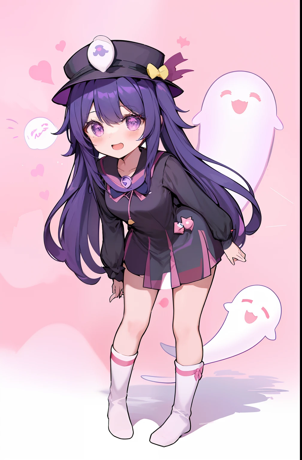 Anime girl in hat and dress with ghost behind, small curvy loli, Cute anime girl, Anime visuals of cute girls, anime moe art style, small loli girl, by Jin Homura, Cute art style, cute anime style, Cute Anime, marin kitagawa fanart, cute kawaii girl, Cute anime waifu in a nice dress