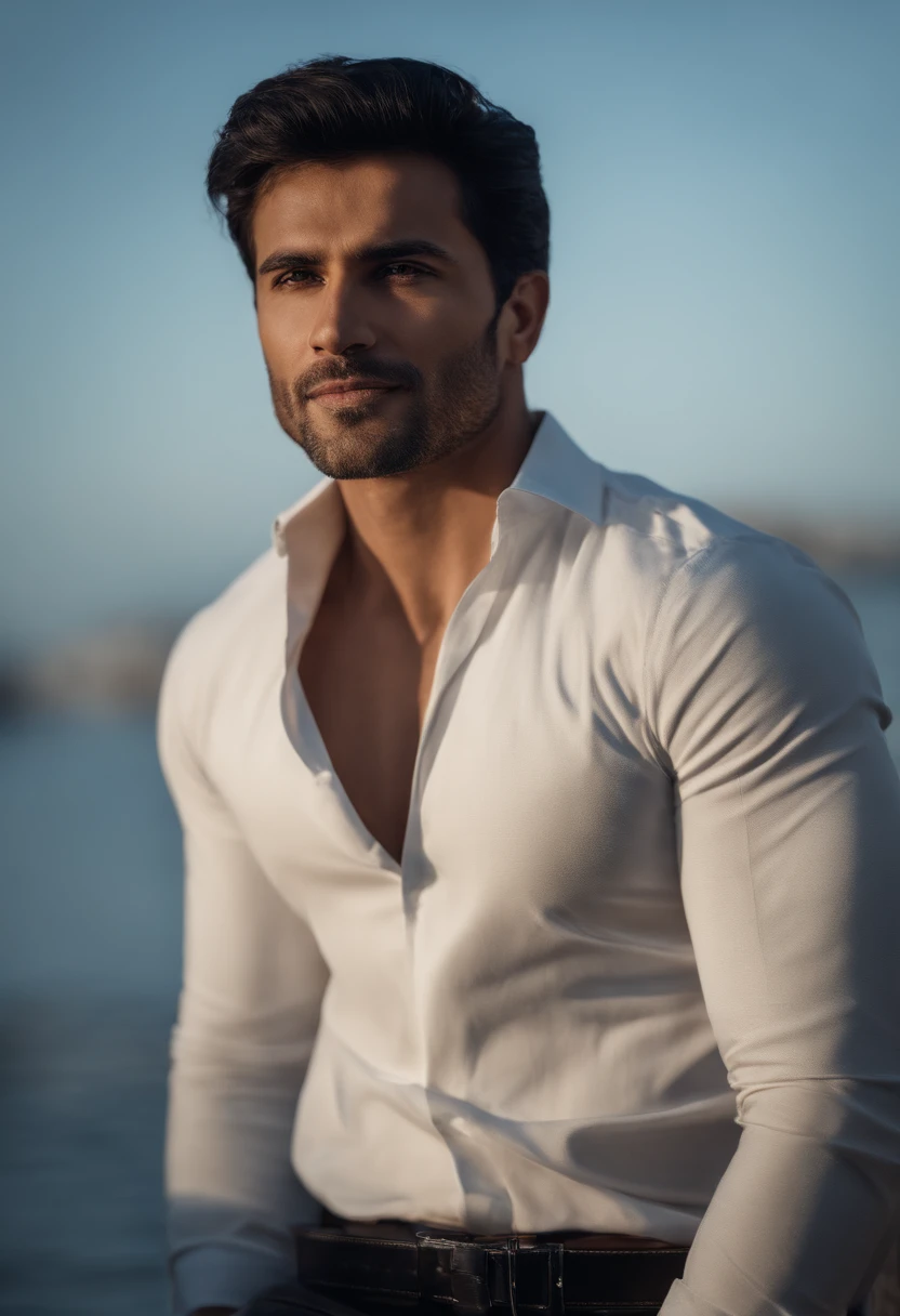 Homme indien de 30 ans noir  , Short dark hair with bleaching, costume bleu,expression confiante,sharp jawline,peau vibrante,Souriant,beau visage,pose debout,Toile de fond de la ville,professional studio lighting,Realstic,une Ferrari, photoreallistic:1.37,Portraits,Couleurs vives,Ton froid,softlighting,brawny ,beau gosse ,attirant,emotional, joyeux ,privocateur