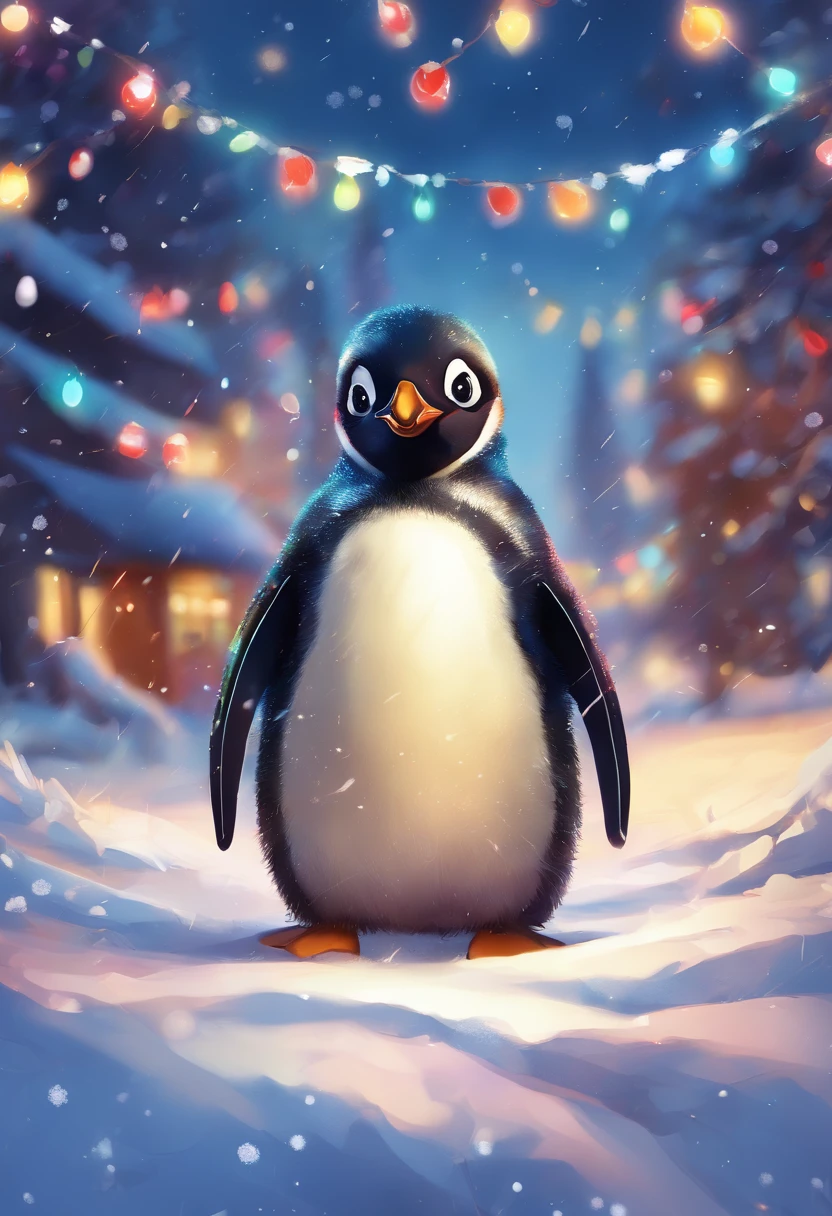 (best quality,4k,8k,highres,masterpiece:1.2),ultra-detailed,(realistic,photorealistic,photo-realistic:1.37),snow falling softly,curious penguin peeks out,colorful Christmas lights,string of lights,cozy pair of blinkers,cozy,wrapping,body,peeking out from behind,peeking out,behind,soft snowflakes,curiosity in its eyes,wondering,beautifully decorated,string of colorful lights,playful penguin,blinking lights,sparkling lights,whimsical,joyful,Christmas atmosphere,winter wonderland,fluffy snow,little penguin,optical protection,adorable peek,lively,penguin-themed,bright colors,cheerful,playfulness,penguin hiding,hidden treasure,snow-covered ground,curious gaze,enchanted,quirky,heartwarming,winter scene,cozy and warm,irresistible,inky black feathers.