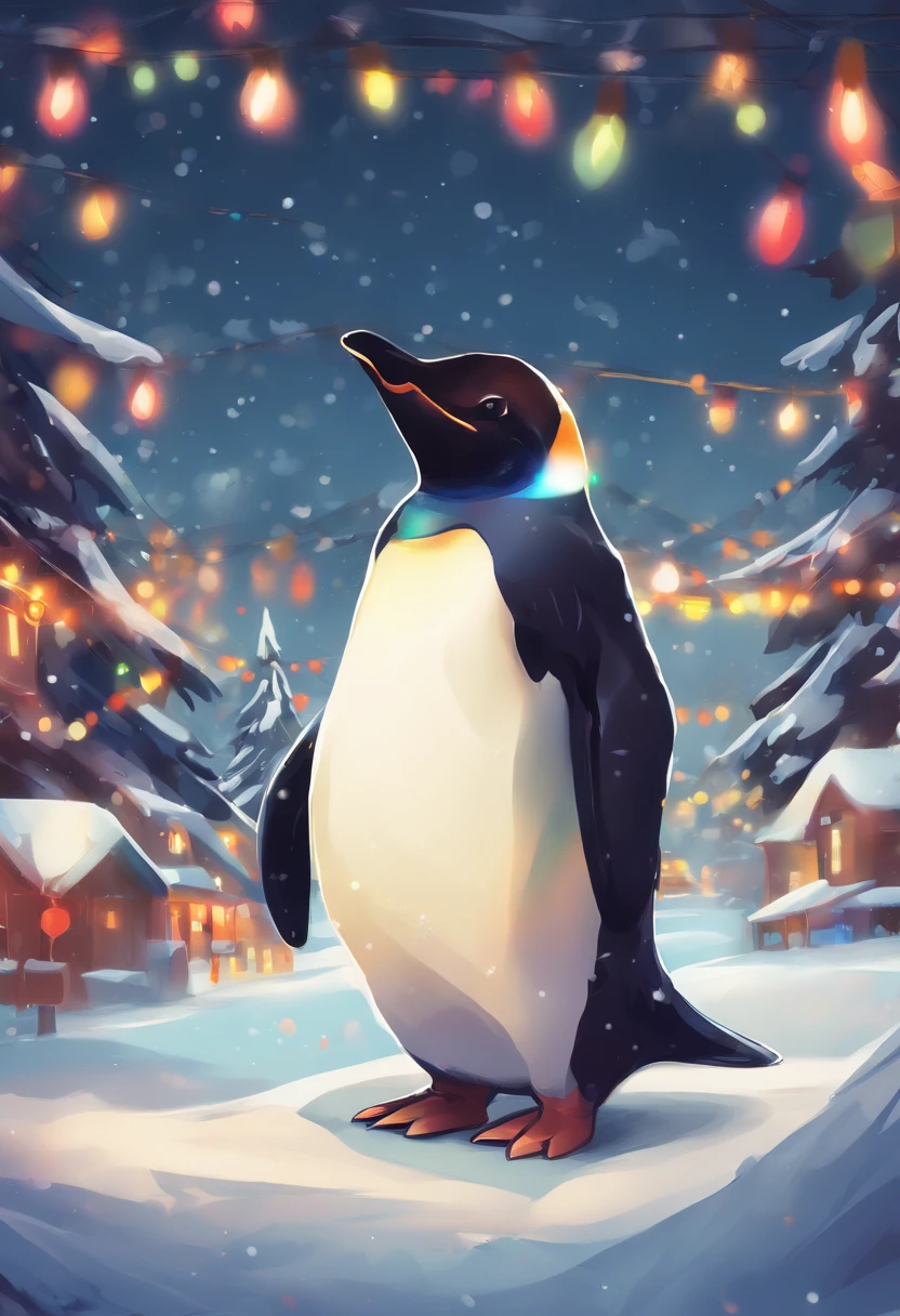 (best quality,4k,8k,highres,masterpiece:1.2),ultra-detailed,(realistic,photorealistic,photo-realistic:1.37),snow falling softly,curious penguin peeks out,colorful Christmas lights,string of lights,cozy pair of blinkers,cozy,wrapping,body,peeking out from behind,peeking out,behind,soft snowflakes,curiosity in its eyes,wondering,beautifully decorated,string of colorful lights,playful penguin,blinking lights,sparkling lights,whimsical,joyful,Christmas atmosphere,winter wonderland,fluffy snow,little penguin,optical protection,adorable peek,lively,penguin-themed,bright colors,cheerful,playfulness,penguin hiding,hidden treasure,snow-covered ground,curious gaze,enchanted,quirky,heartwarming,winter scene,cozy and warm,irresistible,inky black feathers.