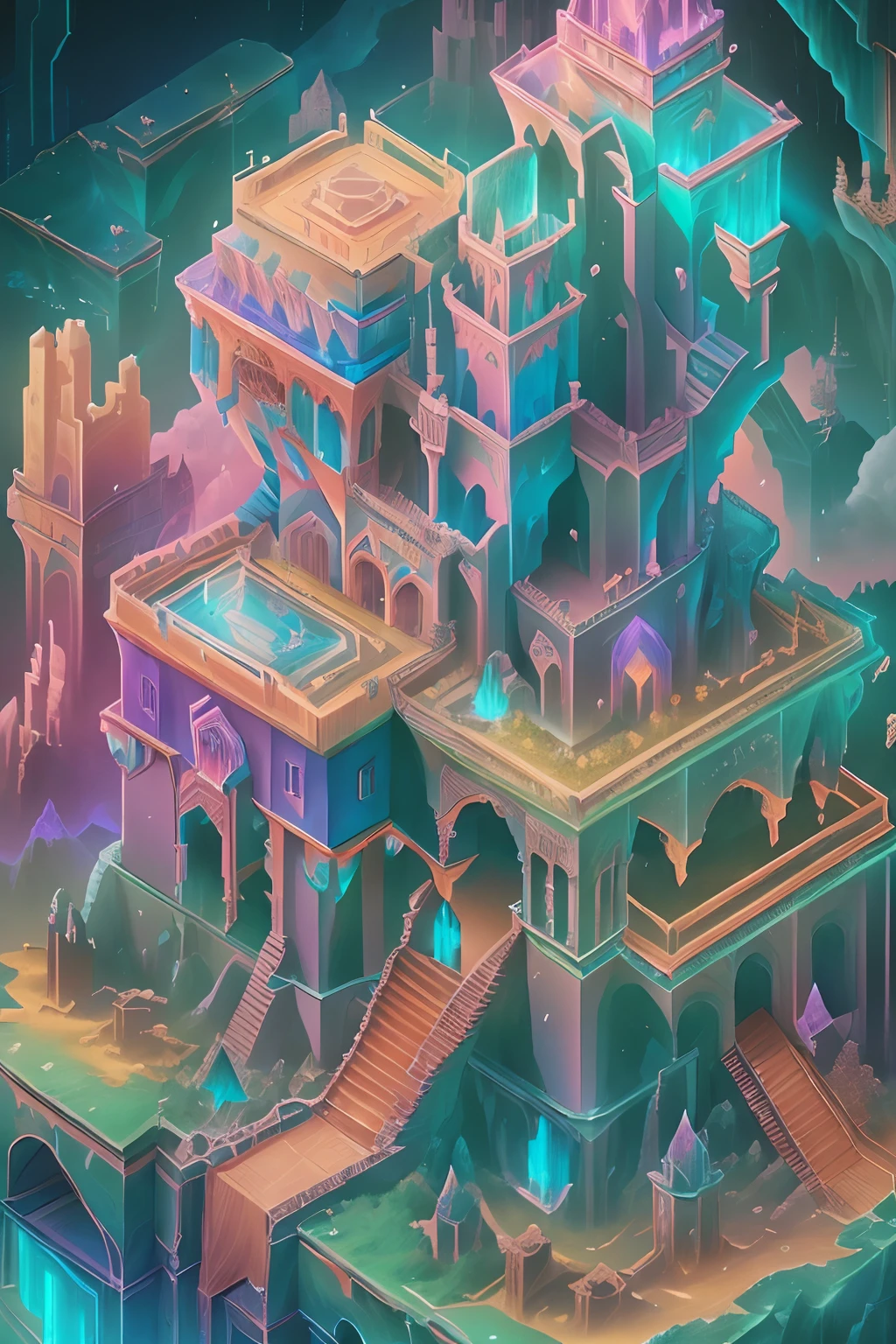 Transparent castle close-up，There is treasure on it, There are a lot of stairs and mechanisms inside，Intricate staircase，Sparkling treasure，A castle built with blocks，isometric view of a wizard tower, isometric palace, cyberpunk castle, Isometric 3D fantasy, colourful biomorphic temple, intricate rainbow environment, Floating palace, Neon ancient ruins, isometric island in the sky, Cloud Palace, Sacred City | illustration, colorful concept art, incredible isometric screenshot，absurderes，It's ridiculous，ultra-realistic realism，tmasterpiece，high qulity，UHD resolution，16k，realisticlying，Very realistic，Epic fairy tale fantasy，Epic futuristic fantasy，Epic surrealism，Monument Valley style, isometric game art, detailed game art illustration, Isometric art, Isometric 3D game art, Neon ancient ruins, incredible isometric screenshot, Art Station Geometry, Detailed game art, isometric voxel art, beeple daily art, 4K detailed digital art