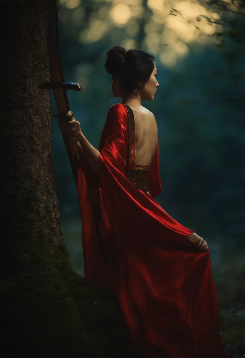 (close up shot:1.5), Japanese samurai warrior, forest glade at night background, (dusk), moonlight, bokeh, (art by jeremy mann and edvard munch), beautiful composition, complimentary colors, masterpiece, award winning, beautiful girl, no brA, no underwear, full body, nude, nAke, small breast, nice ass,