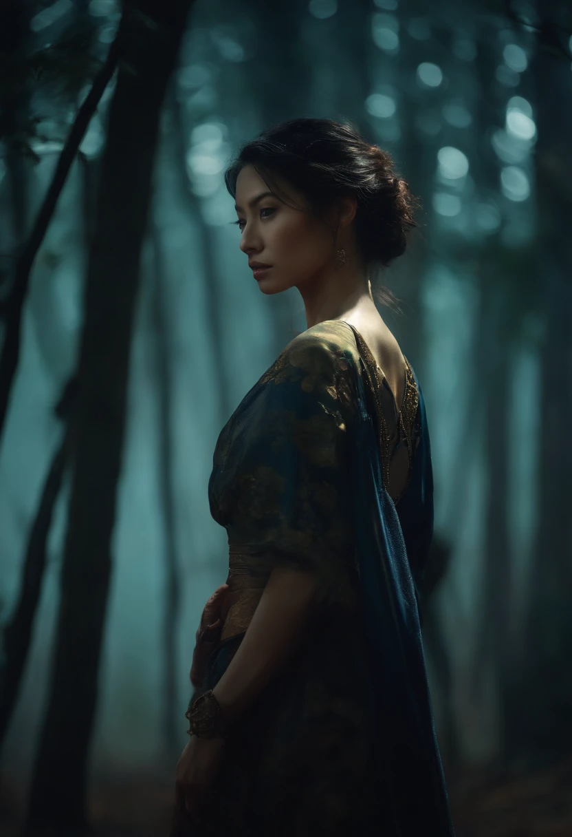 (close up shot:1.5), Japanese samurai warrior, forest glade at night background, (dusk), moonlight, bokeh, (art by jeremy mann and edvard munch), beautiful composition, complimentary colors, masterpiece, award winning, beautiful girl, no brA, no underwear, full body, nude, nAke, small breast, nice ass,