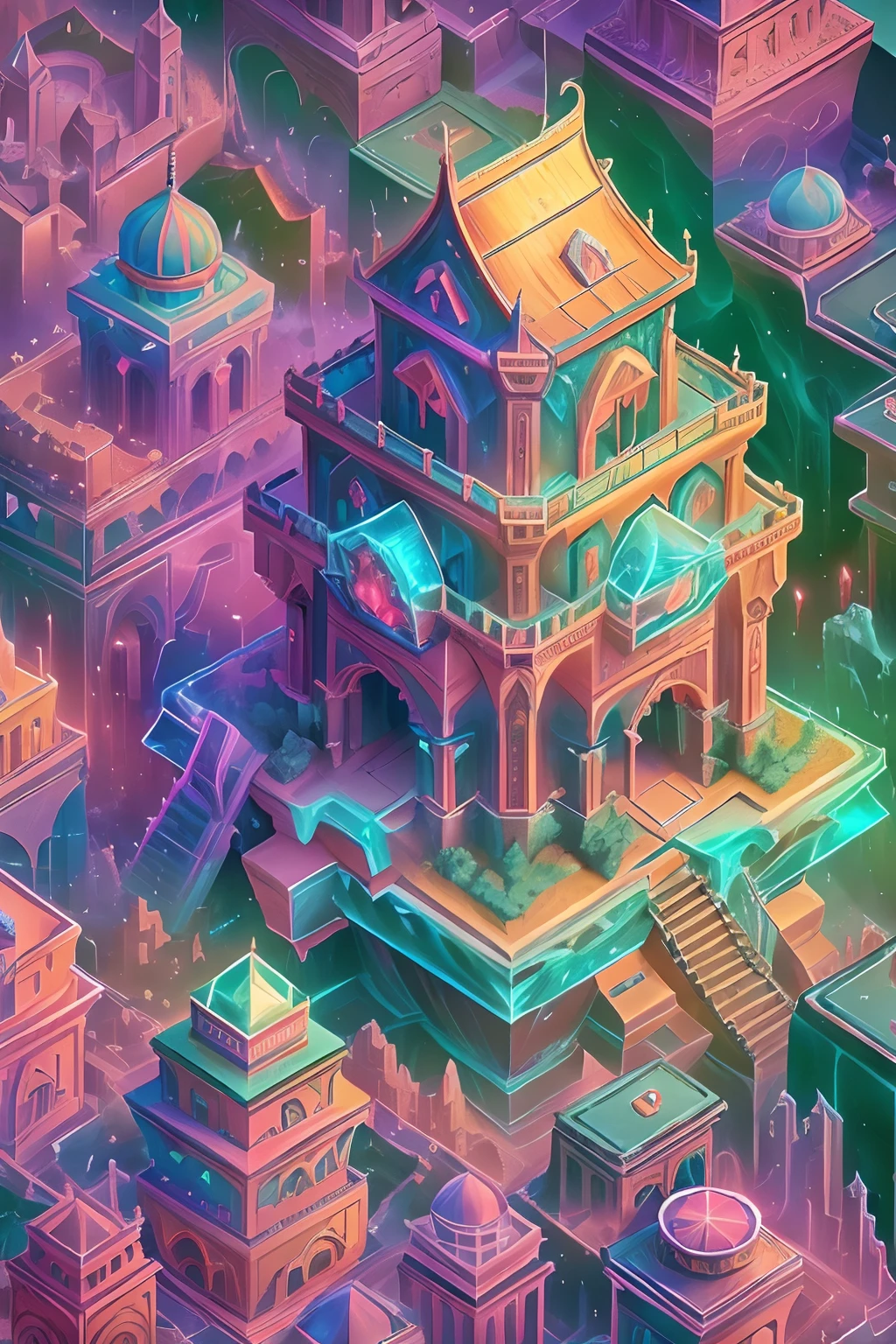 Transparent castle close-up，There is treasure on it, There are a lot of stairs and mechanisms inside，Intricate staircase，Sparkling treasure，A castle built with blocks，isometric view of a wizard tower, isometric palace, cyberpunk castle, Isometric 3D fantasy, colourful biomorphic temple, intricate rainbow environment, Floating palace, Neon ancient ruins, isometric island in the sky, Cloud Palace, Sacred City | illustration, colorful concept art, incredible isometric screenshot，absurderes，It's ridiculous，ultra-realistic realism，tmasterpiece，high qulity，UHD resolution，16k，realisticlying，Very realistic，Epic fairy tale fantasy，Epic futuristic fantasy，Epic surrealism，Monument Valley style, isometric game art, detailed game art illustration, Isometric art, Isometric 3D game art, Neon ancient ruins, incredible isometric screenshot, Art Station Geometry, Detailed game art, isometric voxel art, beeple daily art, 4K detailed digital art