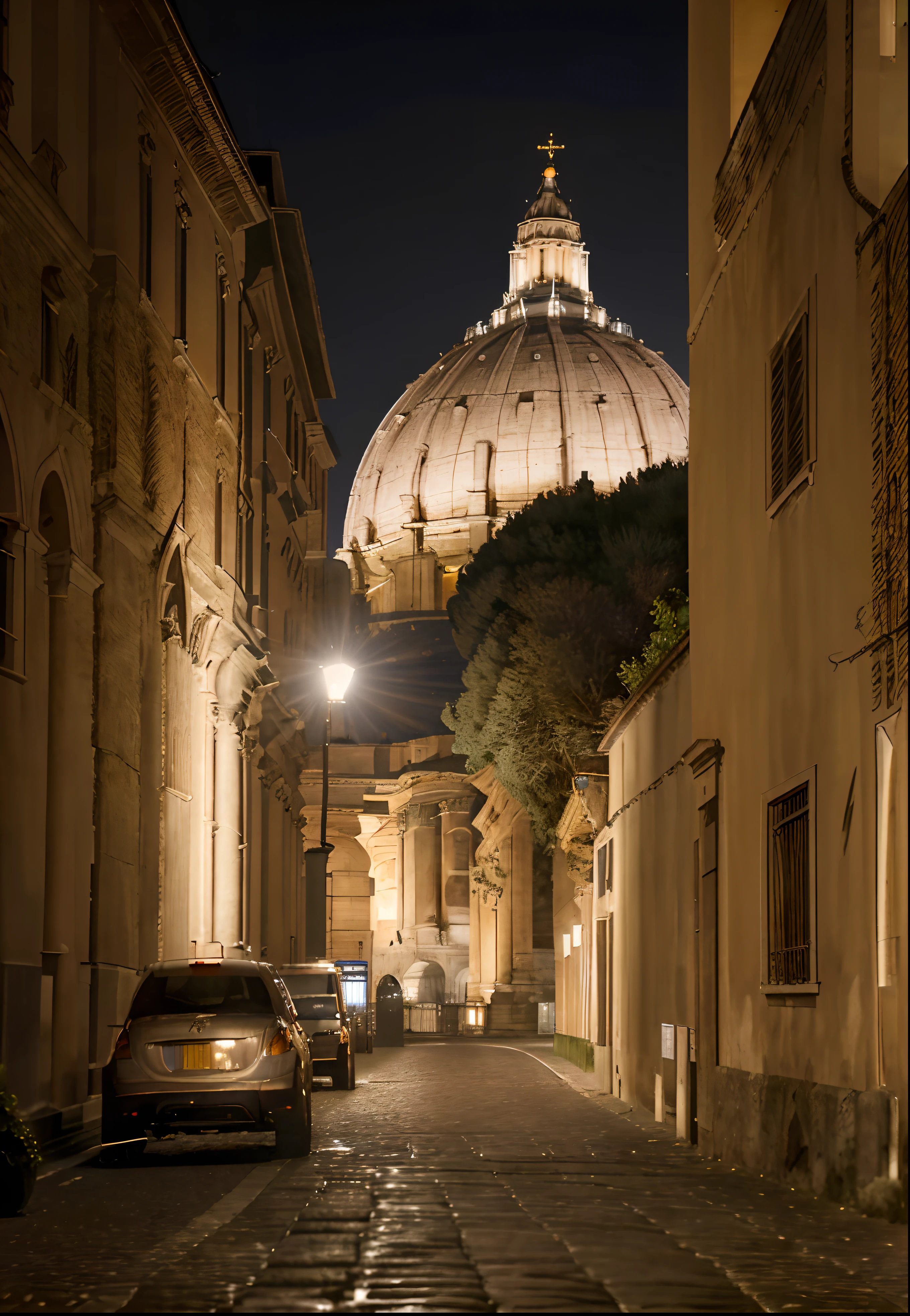 A very detailed photo of Saint Peter's dome in Rome at night, seen from a road not far away, hyperrealistic, Vatican's city