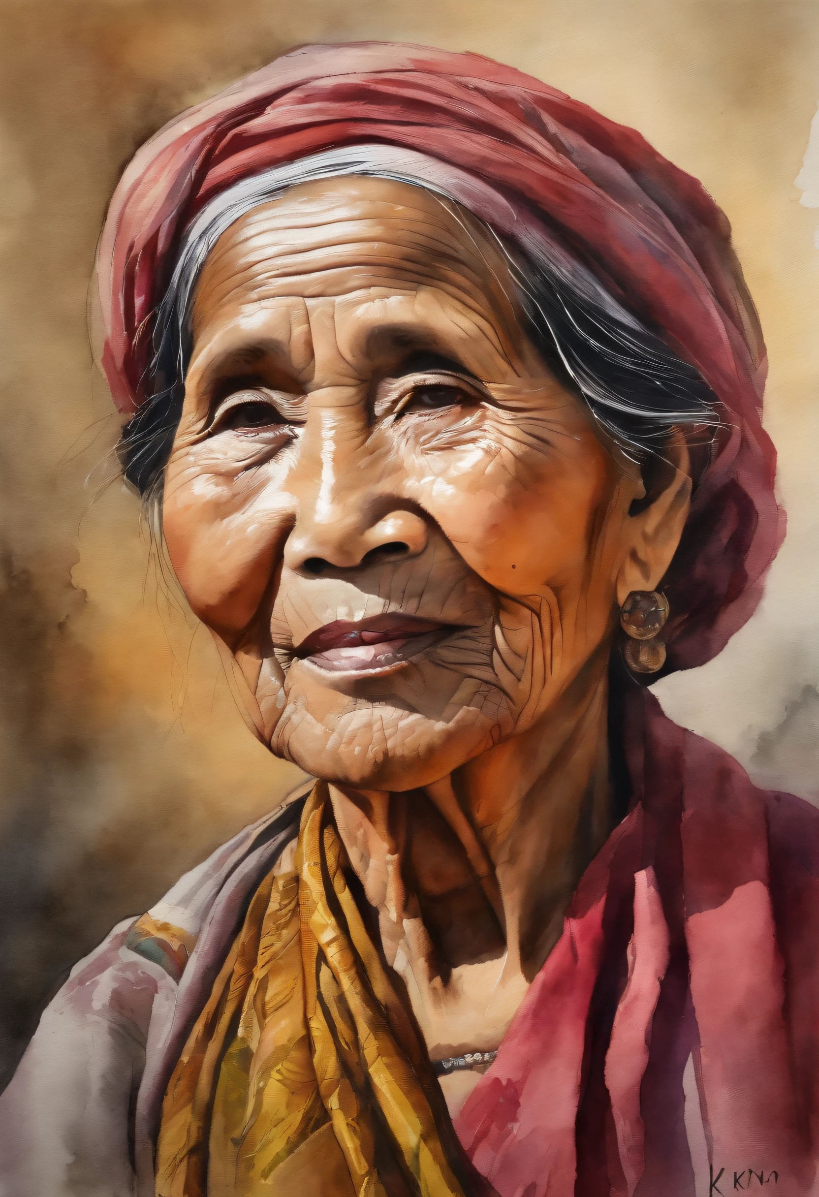 retrato em aquarela de (( Aung Sann Su Kyi )), 65 year old lady with calm look and wise appearance. flores no cabelo ...