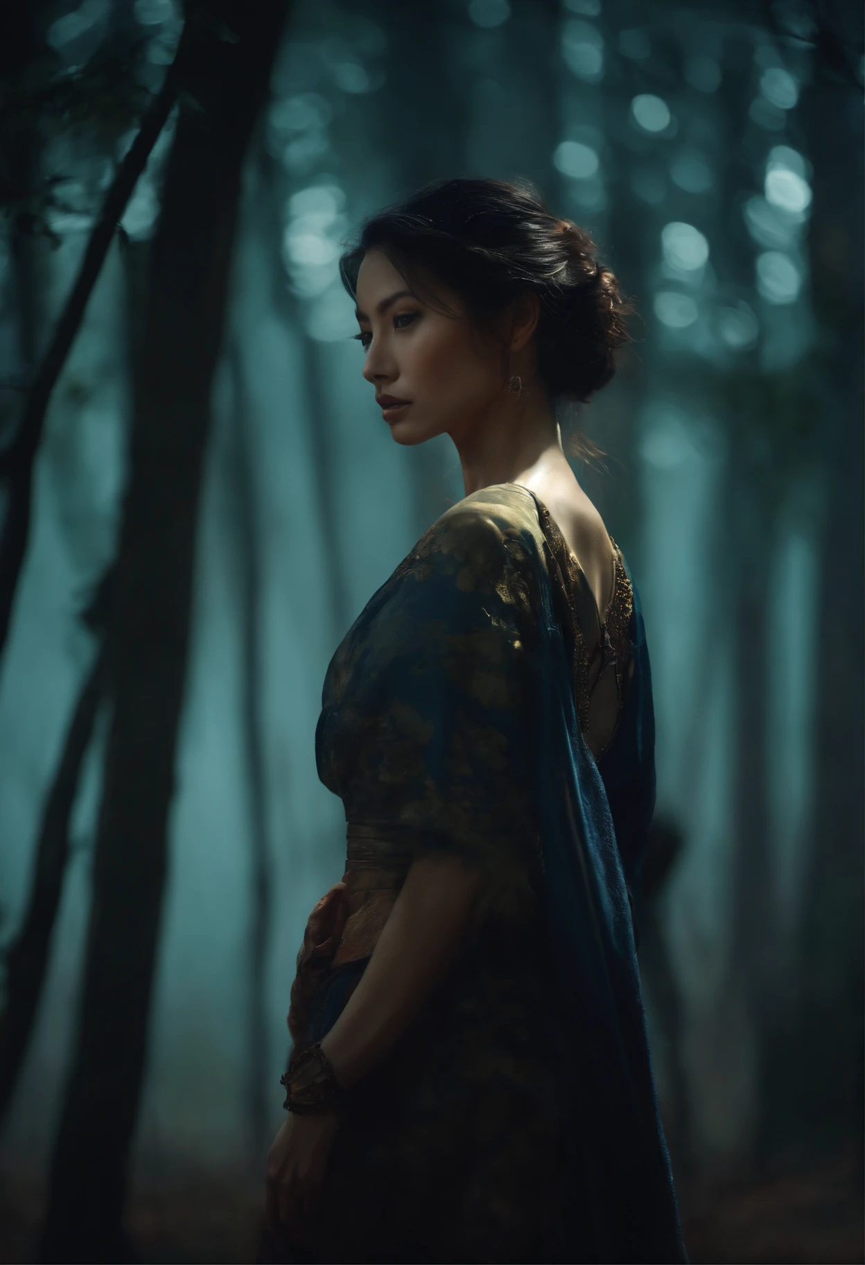 (close up shot:1.5), Japanese samurai warrior, forest glade at night background, (dusk), moonlight, bokeh, (art by jeremy mann and edvard munch), beautiful composition, complimentary colors, masterpiece, award winning, beautiful girl, no brA, no underwear, full body, nude, nAke, small breast, nice ass,
