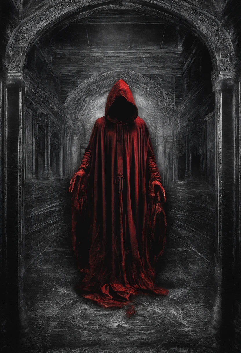 (dark), Photographic ambient lighting, A mummy wearing a red hooded robe worn with golden borders with magical writings, mummy with red hooded cloak, floating