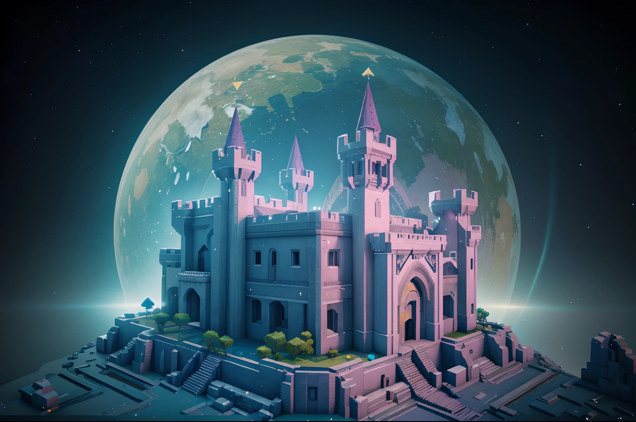 The White Raven Princess searches for the lost Ancient Raven AI in a mysterious space,Mystic Space is a futuristic castle in medieval style,There are a lot of stairs and mechanisms inside,Intricate staircase,Sparkling treasure,A castle built with blocks,Pink space,Dreamy colors,absurderes,It's ridiculous,ultra-realistic realism,tmasterpiece,high qulity,UHD resolution,16k,realisticlying,Very realistic,Epic fairy tale fantasy,Epic futuristic fantasy,Epic surrealism,Monument Valley style, isometric game art, detailed game art illustration, Isometric art, isometric 2 d game art, Neon ancient ruins, incredible isometric screenshot, Art Station Geometry, Detailed game art, isometric voxel art, beeple daily art, 4K detailed digital art