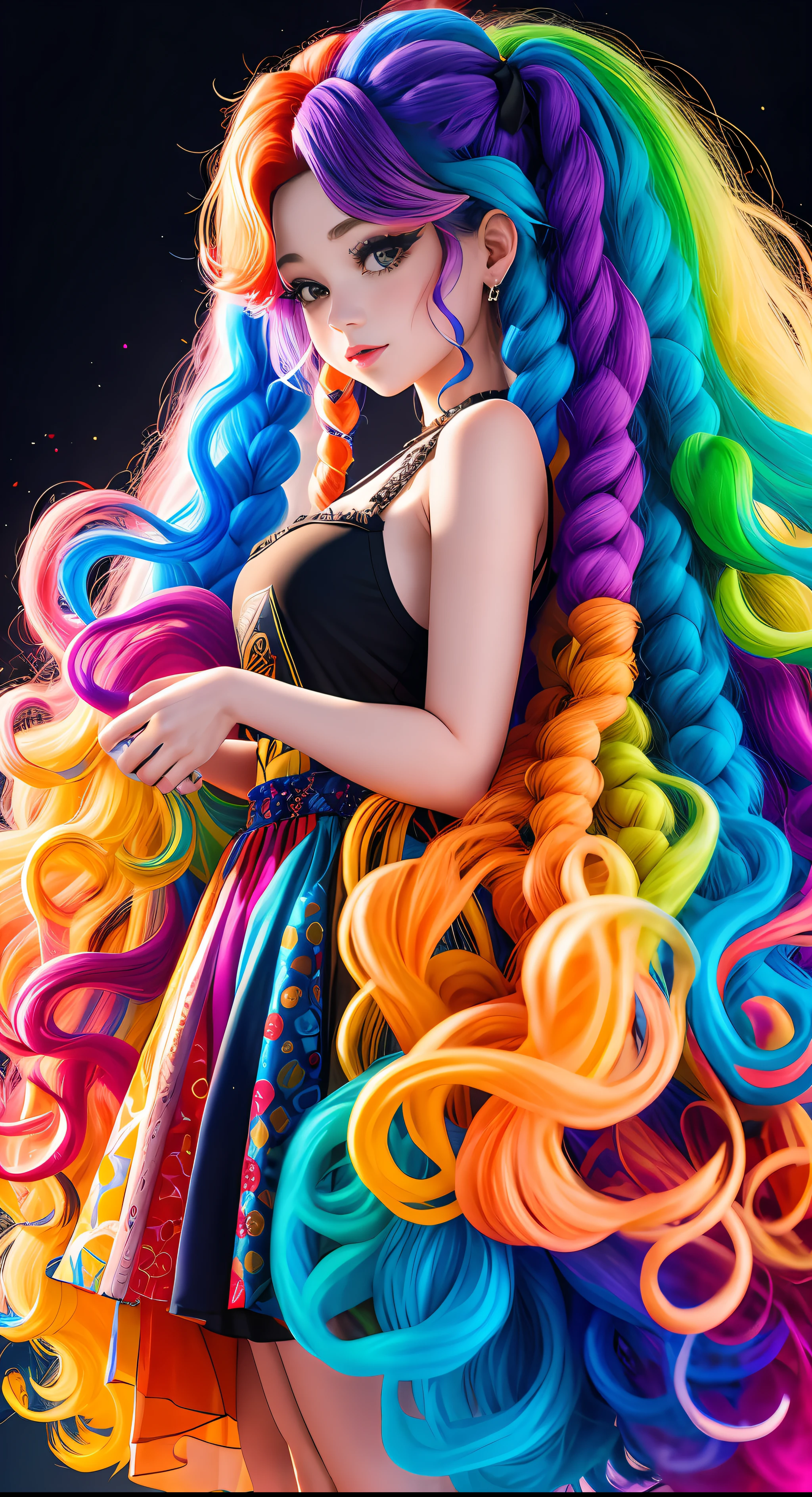 (chibi:1.5),(full bodyesbian:1.2), (Smokexxx:1.4), 1girl with really wild hair, (Multicolored wavy hair:1.2), (two long braids:1.2), (long wild hair:1.2), (O cabelo multicolorido: 1.9), Wearing a long skirt, highly contrast, epic cinematic, soft studio lights, ring light, Absurde, amazing, funny, Itricado, Hyper-detailing, A hyper-realistic, Soft colors, 8K