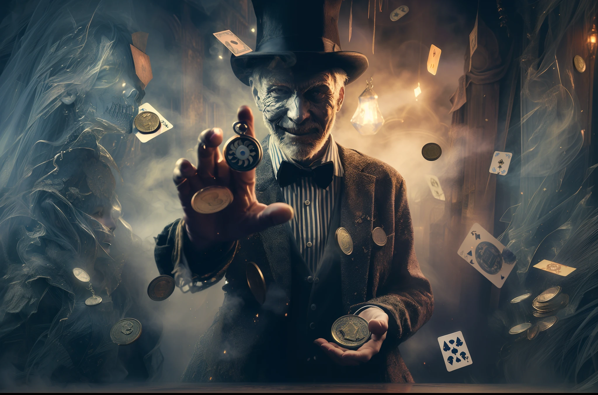 a spooky old house background, floating coins and card around, magic particle light atmosphere, fog, horor movie style, motion blur, lots of detail, highly detailed, perfect anatomy, nvidia RTX, wide angle view, ultra realistic, UHD, detailed texture, artistic, dynamic composition, fine art, masterpiece, prespective view, rays tracing, trending on art station
