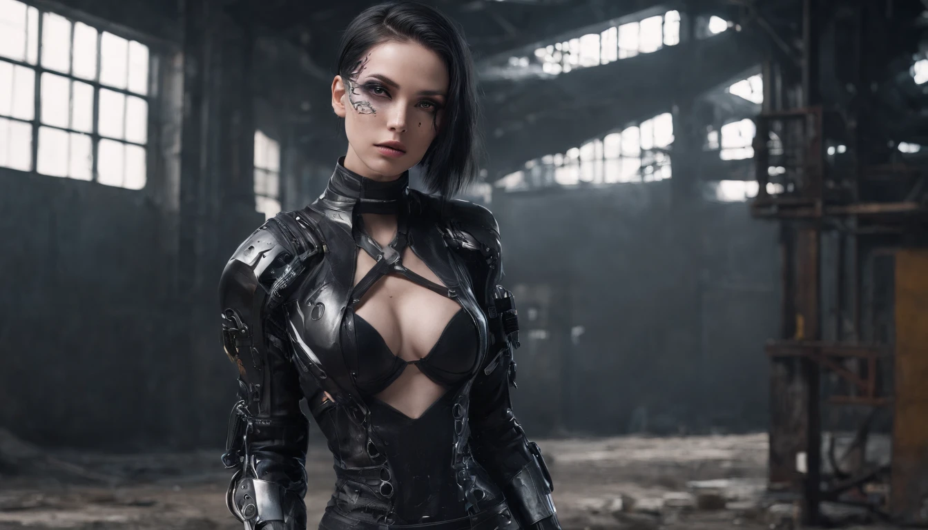 cyborg woman posing for a photo in the inside of an abandoned factory, cyberpunk aesthetic, cyborg woman, dark techno aesthetic, industrial goth aesthetic, intern of an abandoned factory in the background, ultra detailed, photorealistic, masterpiece.