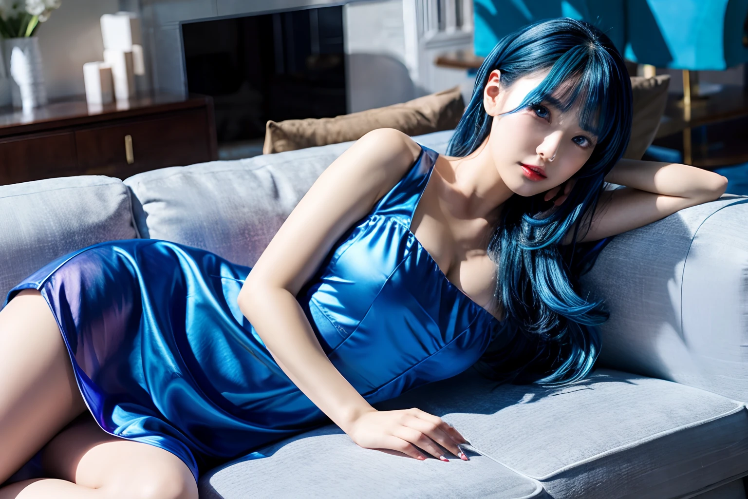 araffe woman in blue dress sitting on a couch in a living room, sexy dress, in blue dress, blue silk dress, blue dress, wearing blue dress, smooth blue skin, pretty girl with blue hair, elegant glamourous cosplay, sexy gown, beautiful blue haired girl, gorgeous chinese model, wearing a plastic blue dress, with blue skin, japanese goddess