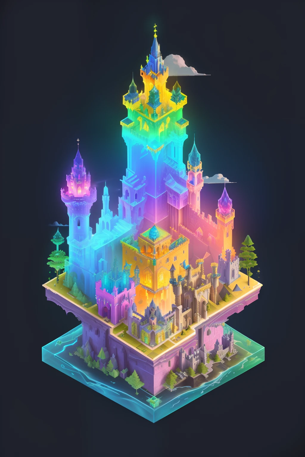 Transparent castle close-up，There is treasure on it, isometric view of a wizard tower, isometric palace, cyberpunk castle, Isometric 3D fantasy, colourful biomorphic temple, intricate rainbow environment, Floating palace, Neon ancient ruins, isometric island in the sky, Cloud Palace, Sacred City | illustration, colorful concept art, incredible isometric screenshot