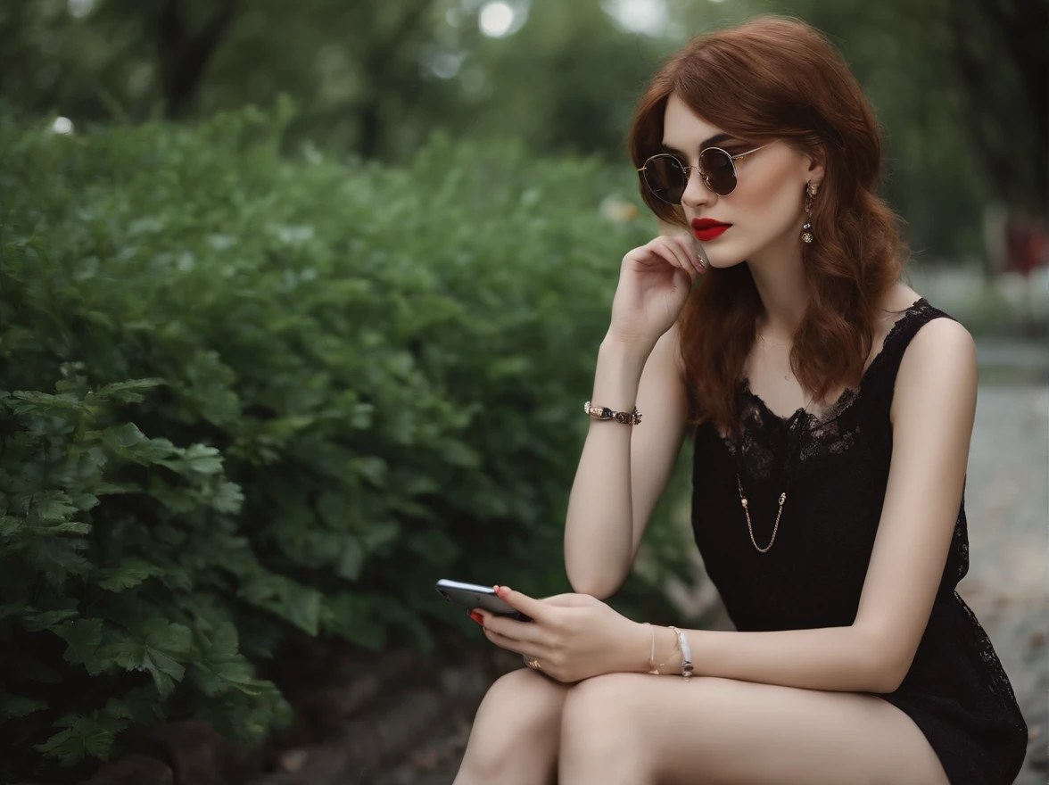 2 подросткa, Brown and short hair, Emo style in clothing, Phone in the right hand, Lace with beans in the left hand, Has glasses, in park