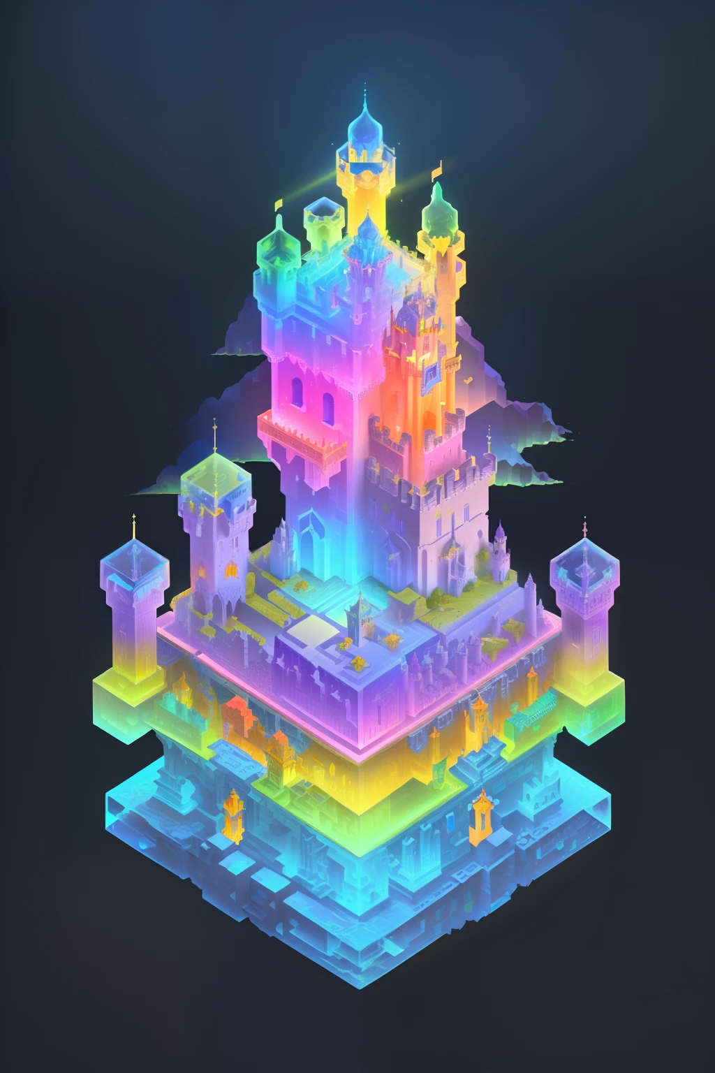 Transparent castle close-up，There is treasure on it, isometric view of a wizard tower, isometric palace, cyberpunk castle, Isometric 3D fantasy, colourful biomorphic temple, intricate rainbow environment, Floating palace, Neon ancient ruins, isometric island in the sky, Cloud Palace, Sacred City | illustration, colorful concept art, incredible isometric screenshot