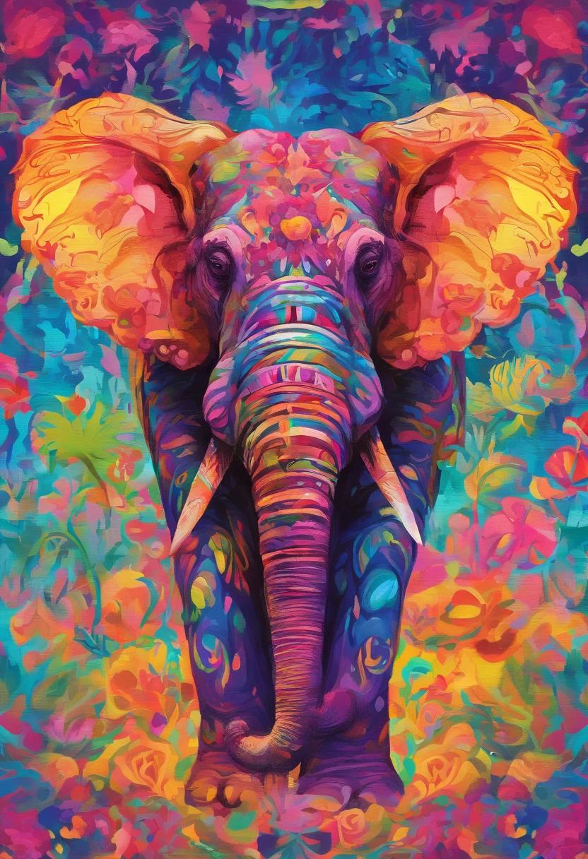 elephants，He wears daisy flowers and plants on his head，up front view，Elephant head，Bust，water color art，plethora of colors