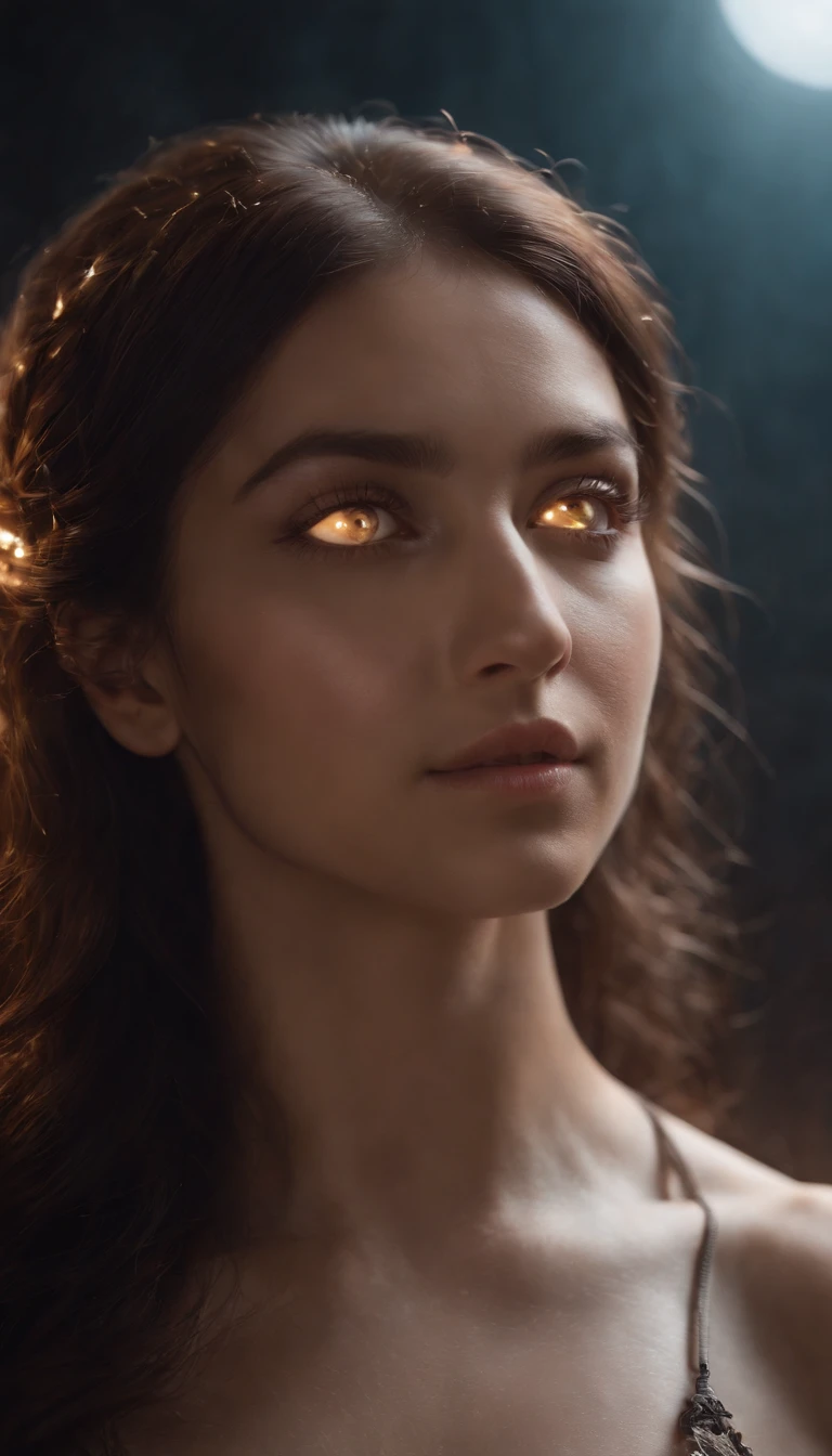 Foto RAW, looks like Zehra Gunes, Cosmic Fallen Angel, glowing light eyes, Biomechanical, eerie, Creepy, nightmarish, Very bright colors, Light particles, with light glowing, Mshiff, wallpaper art, UHD wallpaper, (pele altamente detalhada: 1.2), 8k UHD, DSLR, soft-lighting, alta qualidade, grain of film, Fujifilm XT3