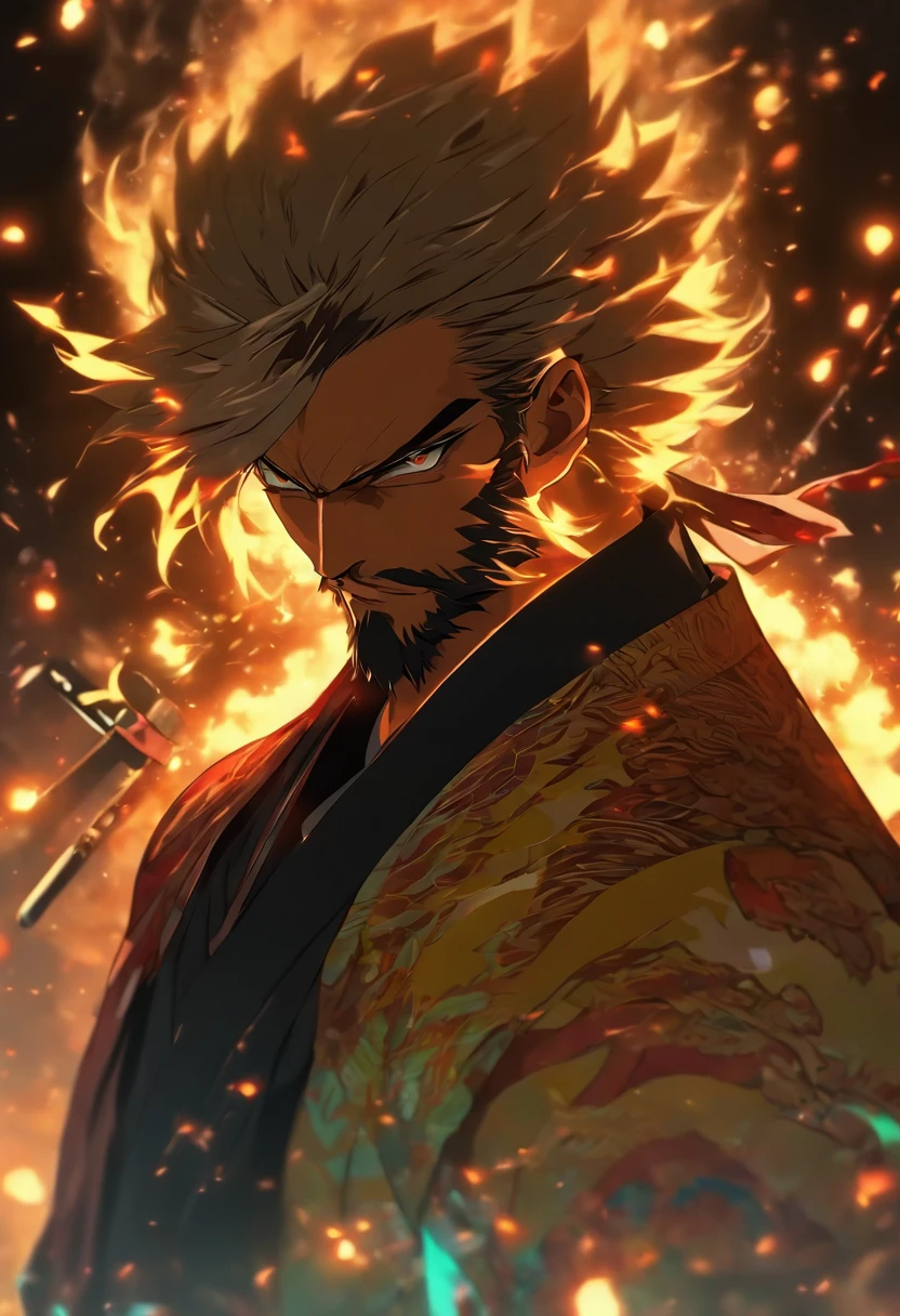 absurderes, high resolution, ultra detaild, HDR, Artwork, best quality, extremly detailed face and eyes, Rengoku Kyojuro, hair blonde, Expressive orange eyes, Kimetsu no Yaiba, standing alone, sexy man, beautifuls, posh, chains, fire flies,calvo,erect penis,holding his katana sword,hairless