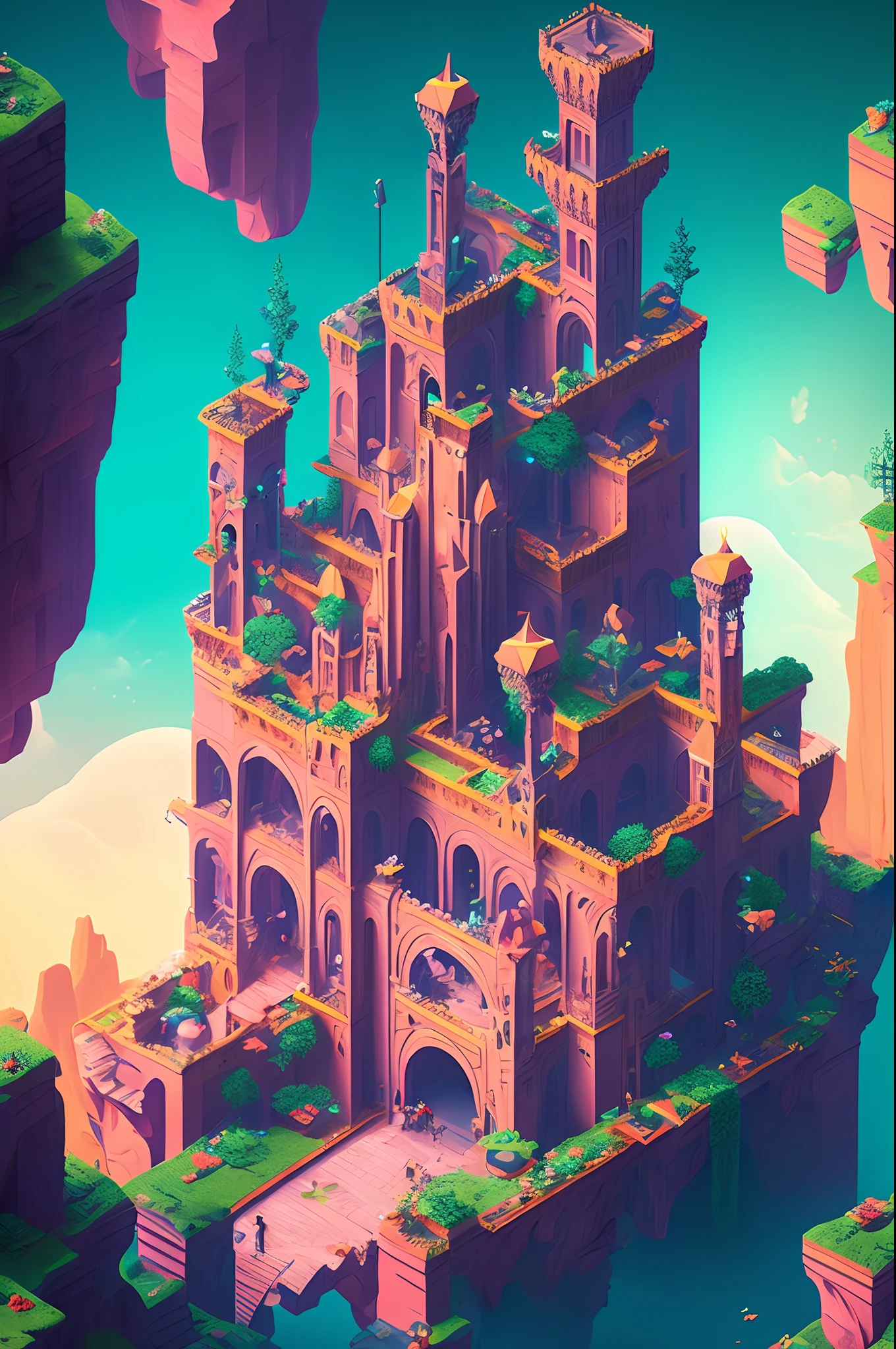 The White Crow Princess searches for the lost Ancient Raven AI in a mysterious space,Mystic Space is a futuristic castle in medieval style,There are a lot of stairs and mechanisms inside,Intricate staircase,Sparkling treasure,A castle built with blocks,Pink space,Dreamy colors,absurderes,It's ridiculous,ultra-realistic realism,tmasterpiece,high qulity,UHD resolution,16k,realisticlying,Very realistic,Epic fairy tale fantasy,Epic futuristic fantasy,Epic surrealism,Monument Valley style, isometric game art, detailed game art illustration, Isometric art, isometric 2 d game art, Neon ancient ruins, incredible isometric screenshot, Art Station Geometry, Detailed game art, isometric voxel art, beeple daily art, 4K detailed digital art