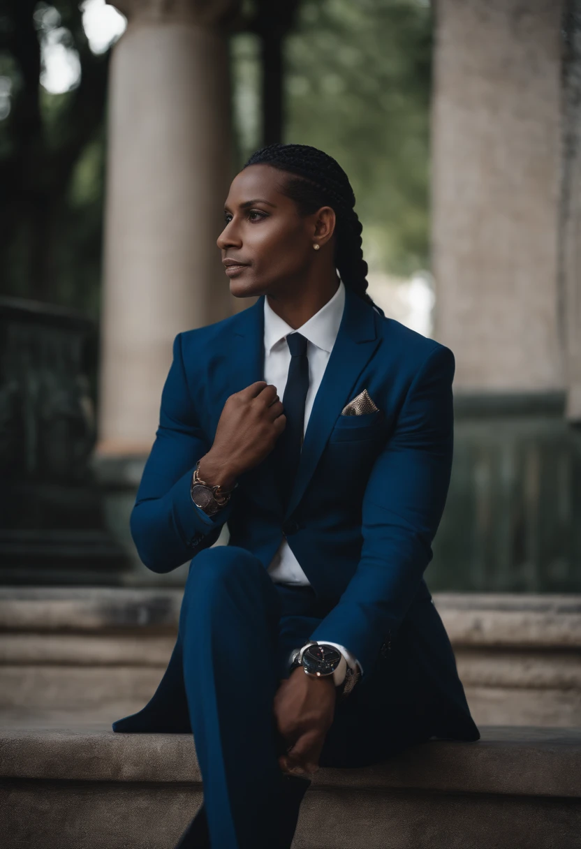 Style metisse indien de Guadeloupe noir 30 ans.black hair styled in long braid. Yeux marron claire. Dressed in a blue three-piece suit . Chaussure noir hermes . Muscular square jaw ,regard charmeur envoutant