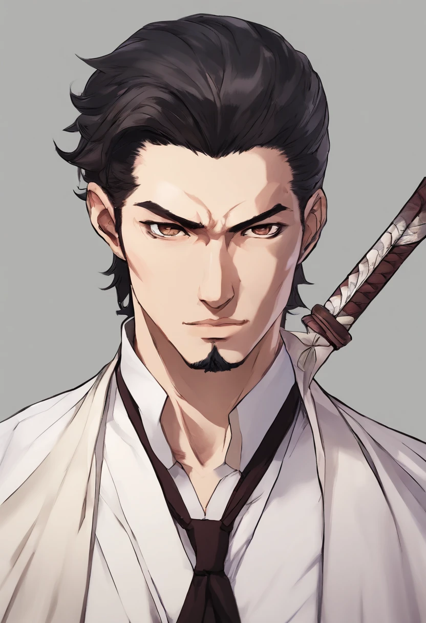 Pale samurai man in suit Short hair Black beard Katana light skin thin loose hair