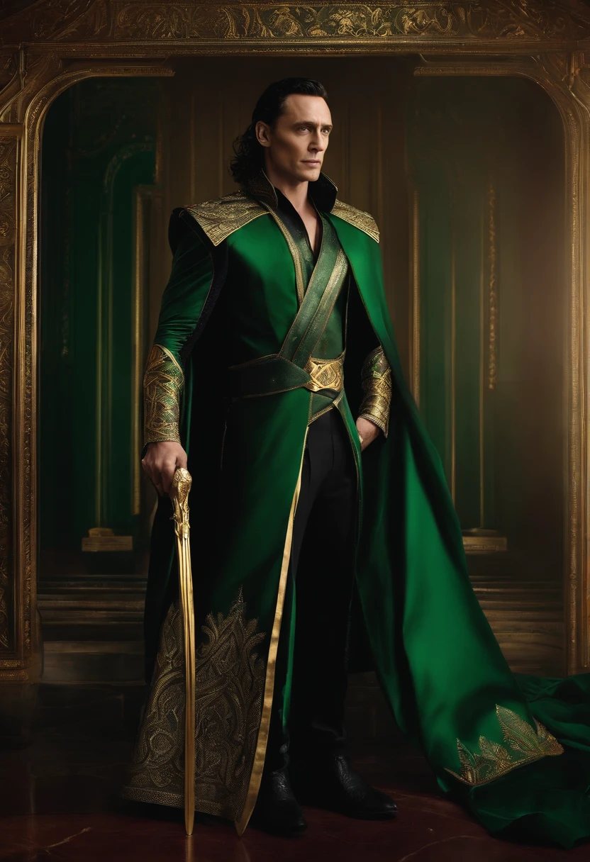 Loki in a beautiful black and green dress with gold trim