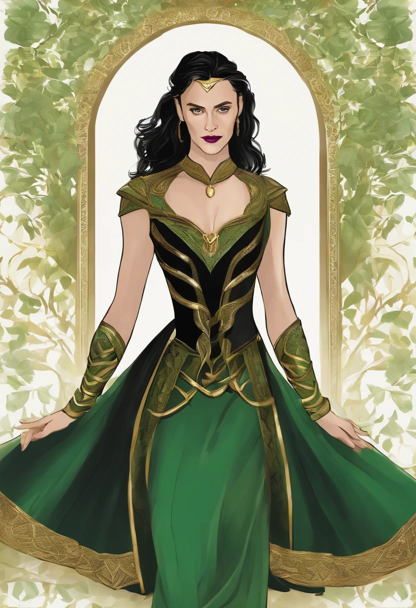 Loki  in a beautiful black and green dress with gold trim
