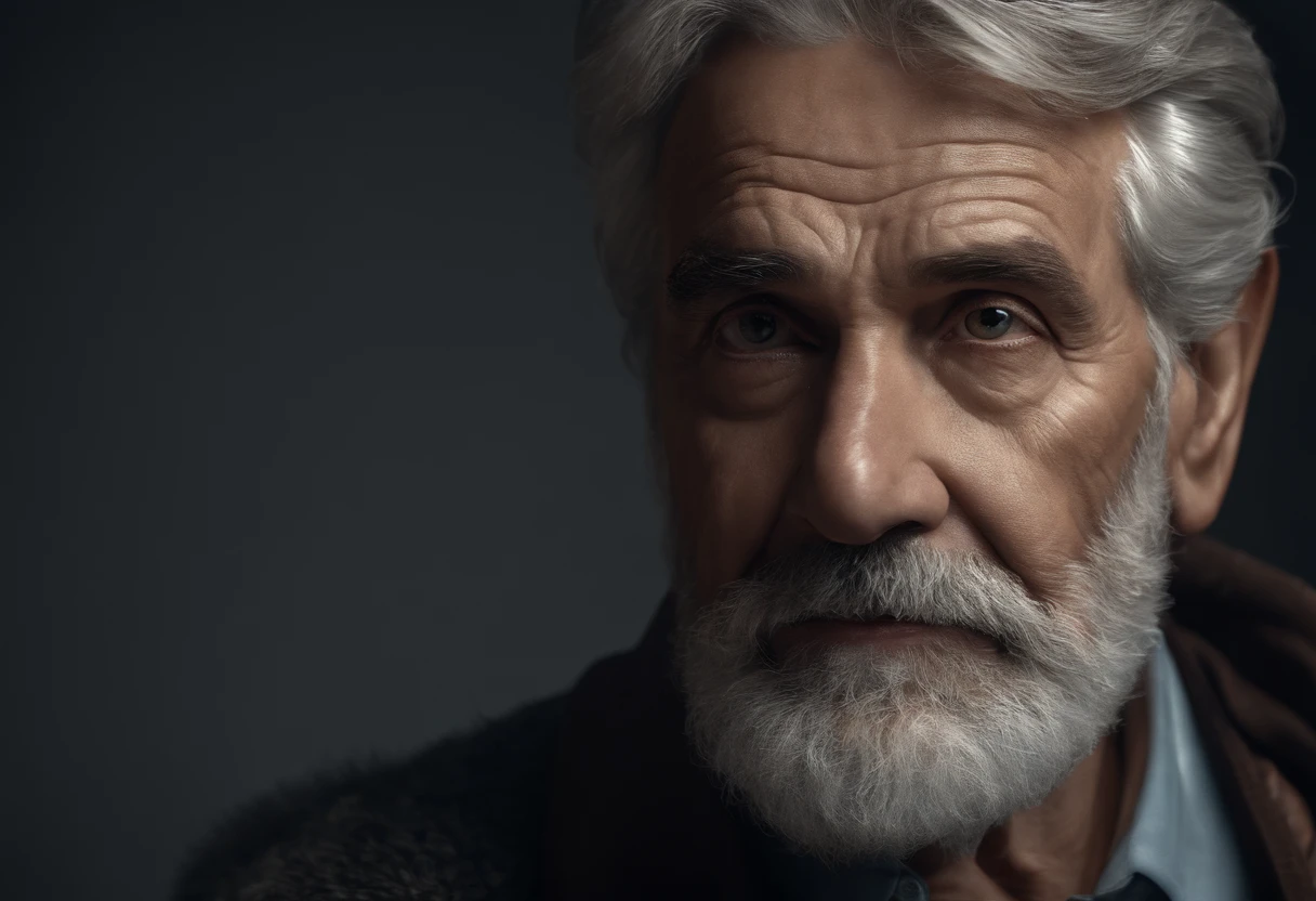 (best quality,4k,8k,highres,masterpiece:1.2),ultra-detailed,(realistic,photorealistic,photo-realistic:1.37),old man,black background,direct gaze,handsome,wise,wrinkles,gray hair,beard,intense eyes,characterful face,sharp focus,stark contrast,dramatic lighting,portrait