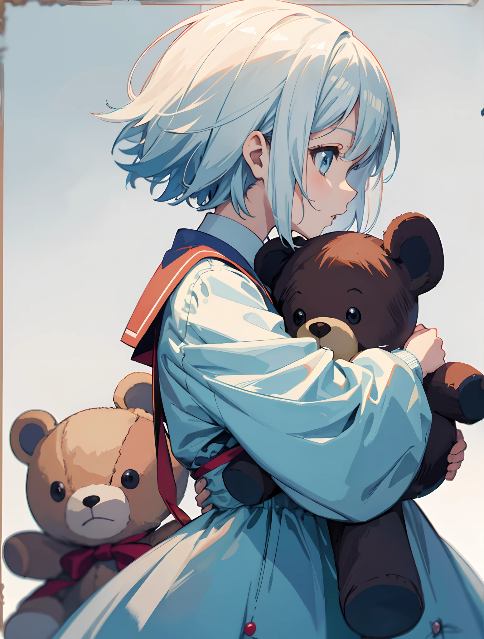 imagem de uma garota de anime para foto de perfil, Cabelos brancos curtos, olhos azuis, Roupa kawaii, hugging a teddy bear, Kawaii History