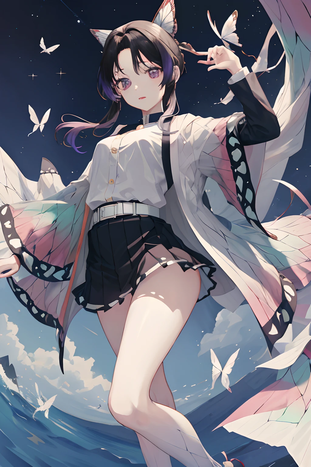 masterpiece, top-quality, Hi-Res, 1girl, 独奏, kochou shinobu, butterfly hair ornament, a purple eye, O cabelo multicolorido, shorth hair, partedbangs, Black skirt, Skirt blown by the wind,Black jacket, long-sleeve, a belt are flying,Fly in the night sky,Perspective at your feet,Soft thighs,White panties,Mansuji,Pee