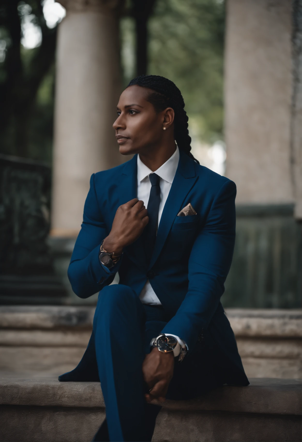 Style metisse indien de Guadeloupe noir 30 ans.black hair styled in long braid. Yeux marron claire. Dressed in a blue three-piece suit . Chaussure noir hermes . Muscular square jaw ,regard charmeur envoutant