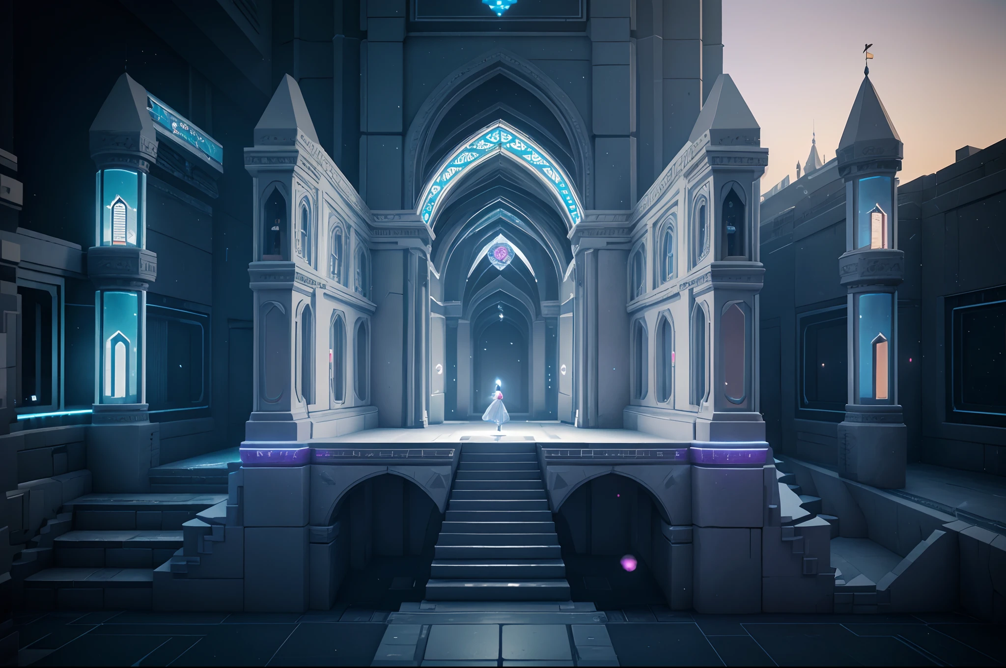 The White Raven Princess searches for the lost Ancient Raven AI in a mysterious space，Mystic Space is a futuristic castle in medieval style，There are a lot of stairs and mechanisms inside，Intricate staircase，Sparkling treasure，A castle built with blocks，Pink space，Dreamy colors，absurderes，It's ridiculous，ultra-realistic realism，tmasterpiece，high qulity，UHD resolution，16k，realisticlying，Very realistic，Epic fairy tale fantasy，Epic futuristic fantasy，Epic surrealism，Monument Valley style, isometric game art, detailed game art illustration, Isometric art, isometric 2 d game art, Neon ancient ruins, incredible isometric screenshot, Art Station Geometry, Detailed game art, isometric voxel art, beeple daily art, 4K detailed digital art