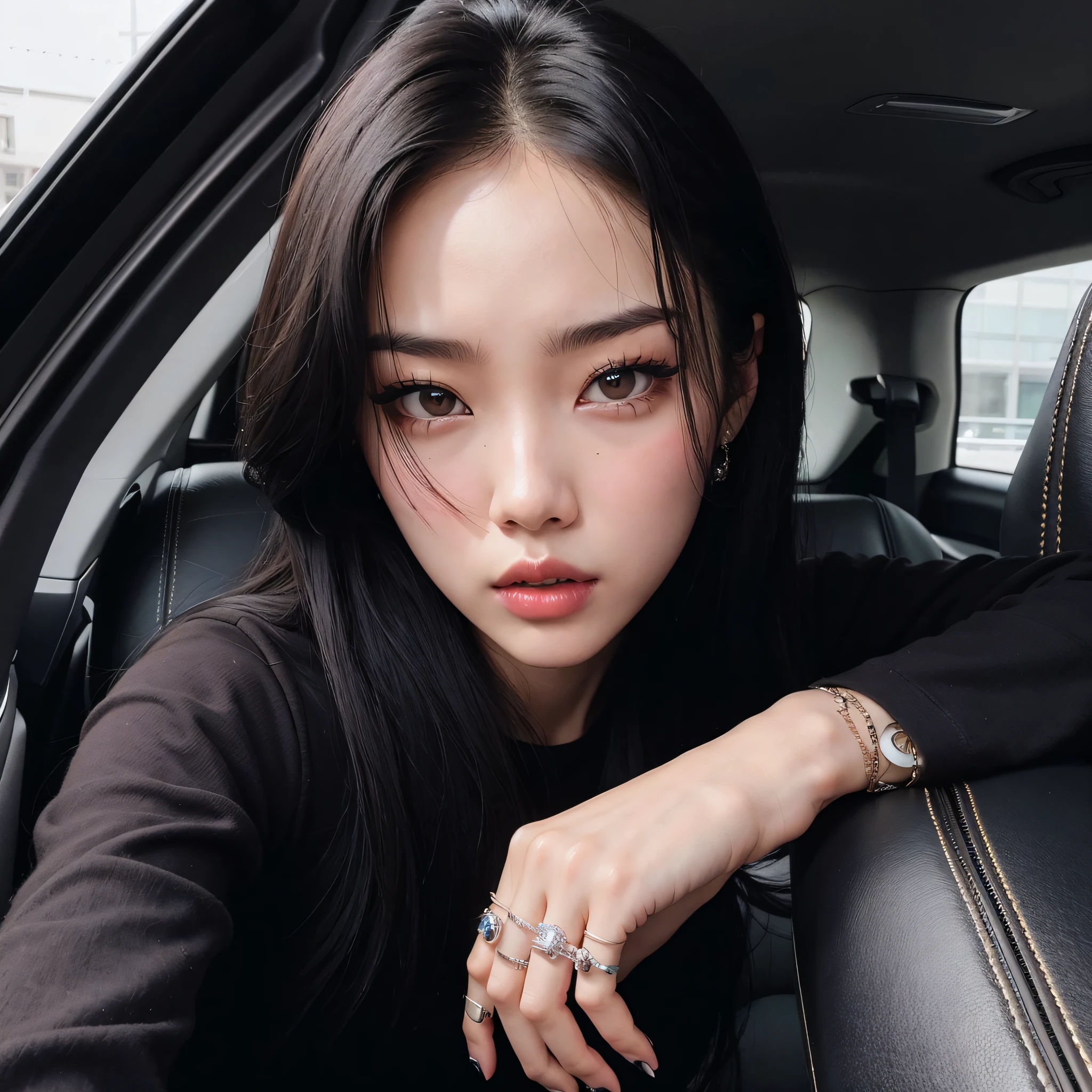Arafed Mujer con cabello largo y negro sentada en un auto, ulzzang, cruel korean goth girl, maquillaje popular de Corea del Sur, Chica coreana, maquillaje coreano popular, Blackpink Jennie, Artista coreano, Retrato de Jossi de Blackpink, Gongbi, Korean symmetrical face, kanliu666, Hermosa mujer surcoreana, Heonhwa Choe, Jinyoung Shin