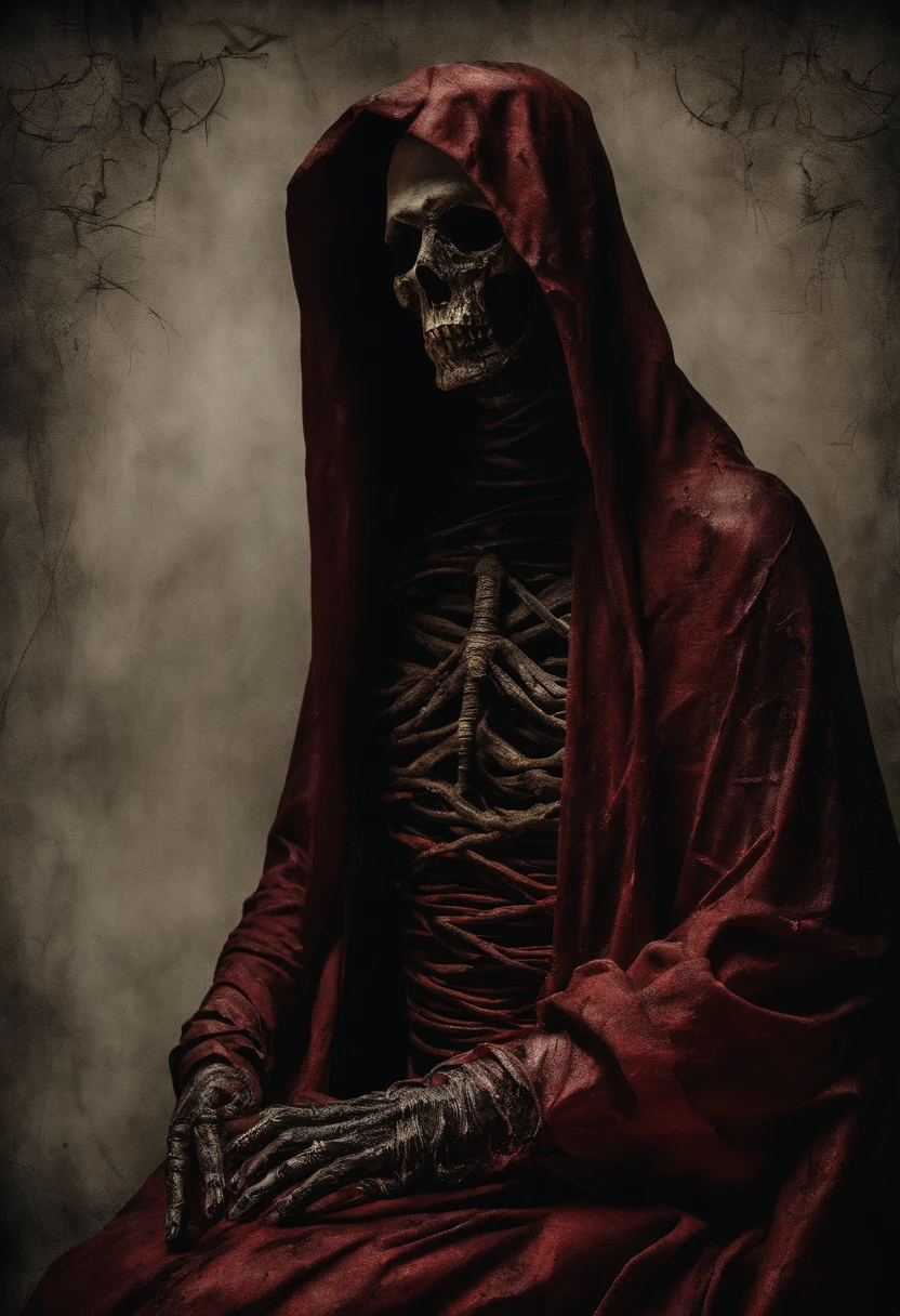 Photographic ambient darking, A mummy wearing a red hooded robe worn with golden borders with magical writings, mummy with red hooded cloak, floating