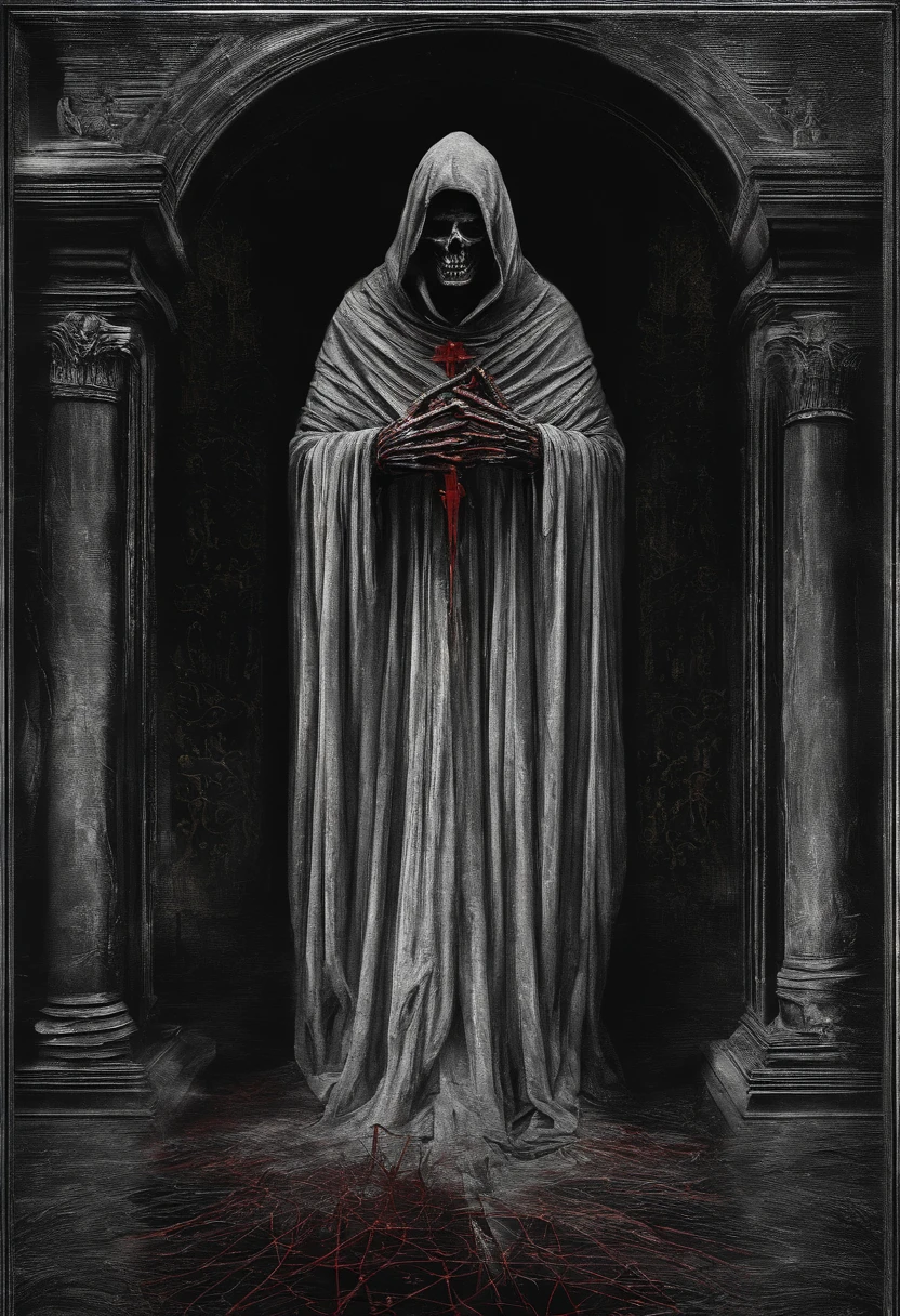 Photographic ambient darking, A mummy wearing a red hooded robe worn with golden borders with magical writings, mummy with red hooded cloak, floating
