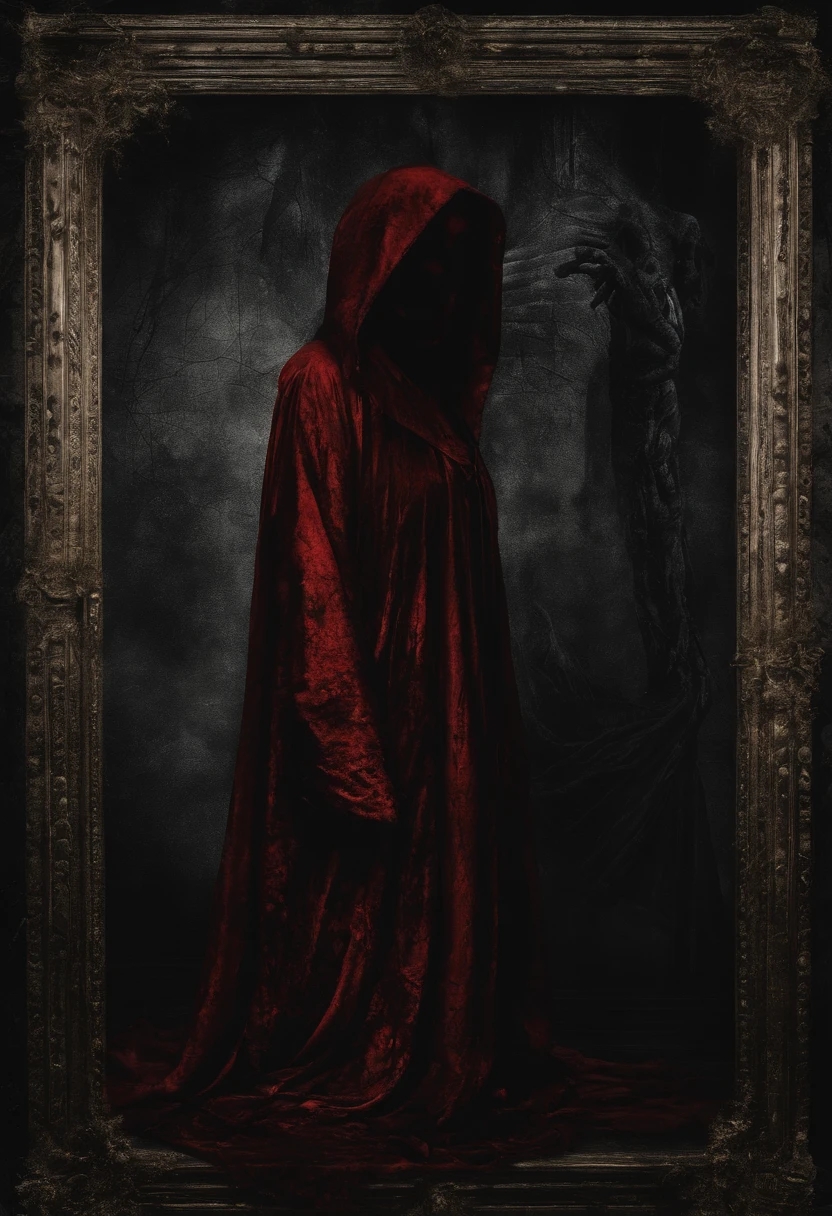 Photographic ambient darking, A mummy wearing a red hooded robe worn with golden borders with magical writings, mummy with red hooded cloak, floating