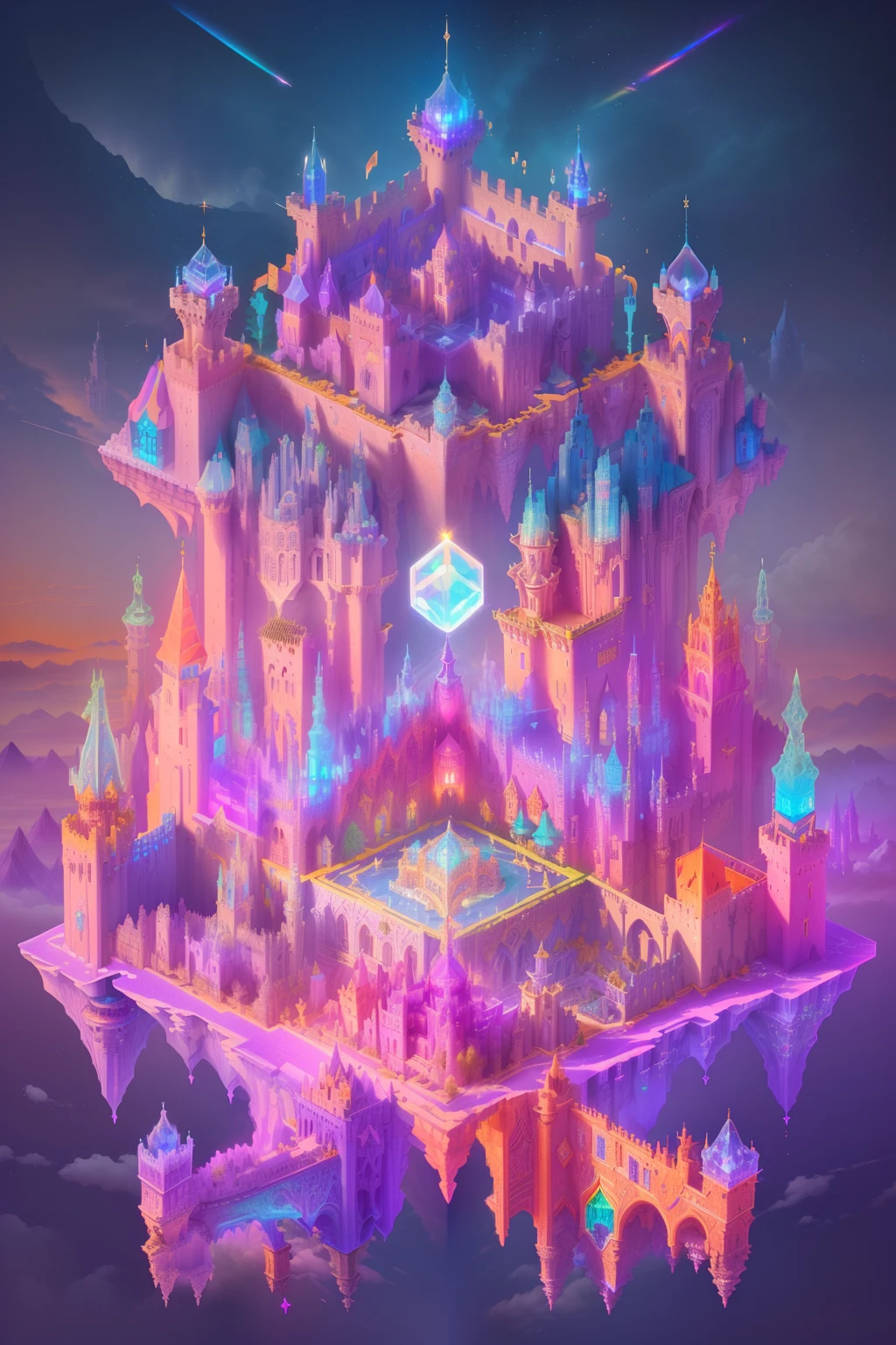 Close-up of transparent castle，There is a treasure on it, isometric view of a wizard tower, isometric palace, cyberpunk castle, Isometric 3D fantasy, colourful biomorphic temple, intricate rainbow environment, Floating palace, Neon ancient ruins, isometric island in the sky, Cloud Palace, Sacred City | illustration, colorful concept art, incredible isometric screenshot